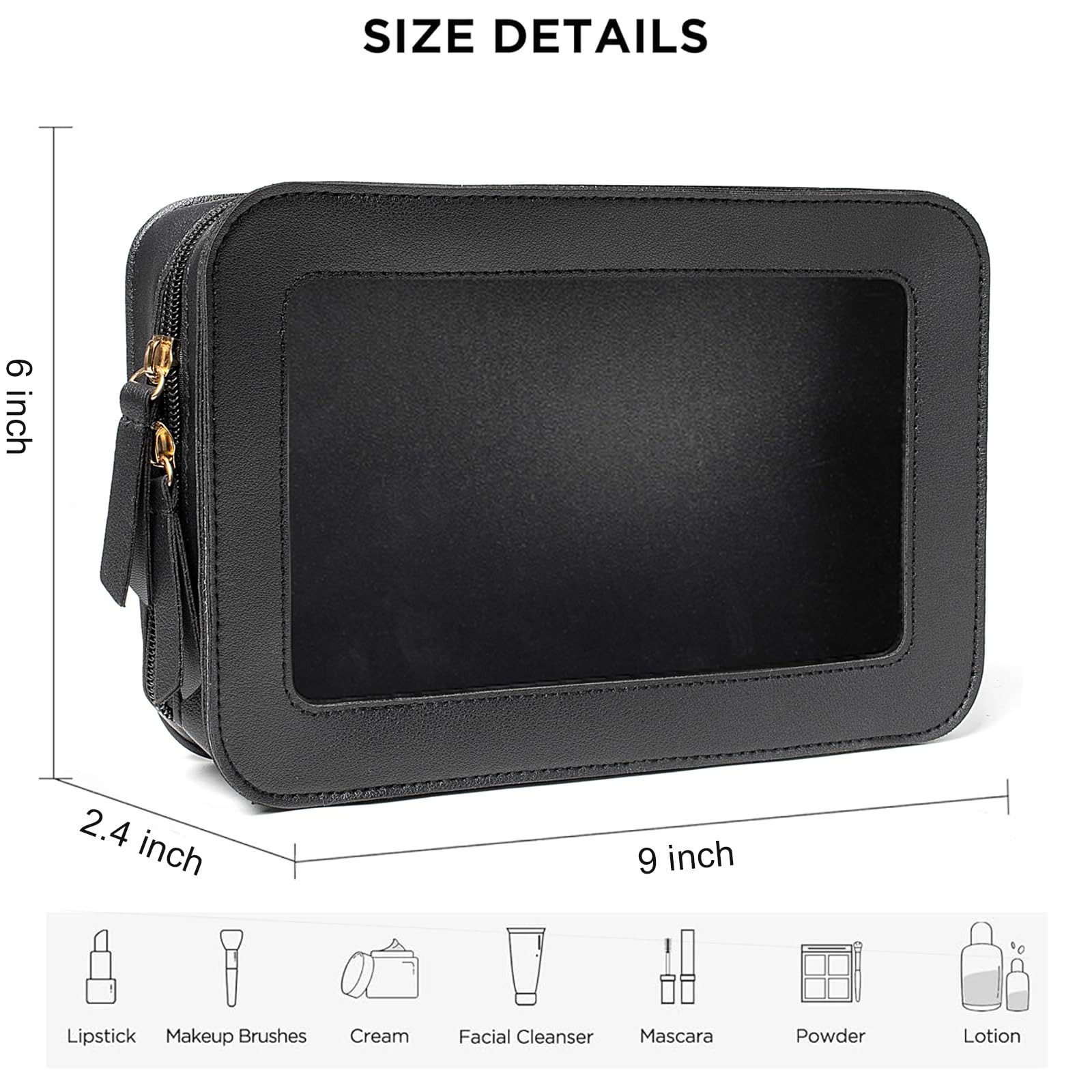 LETGO Clear Beach Makeup Bags, TSA Approved 9.25” x 6.1” x 2.75”, 0-Black