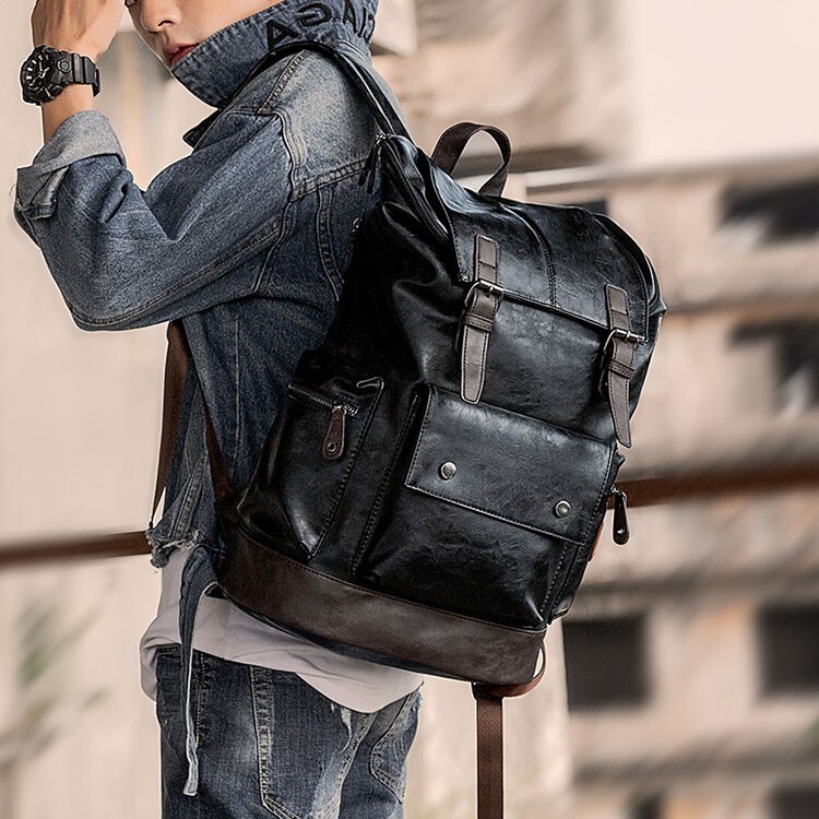 Men’s Leather Rucksack Utility Backpack Cool Student Backpack Casual Travel