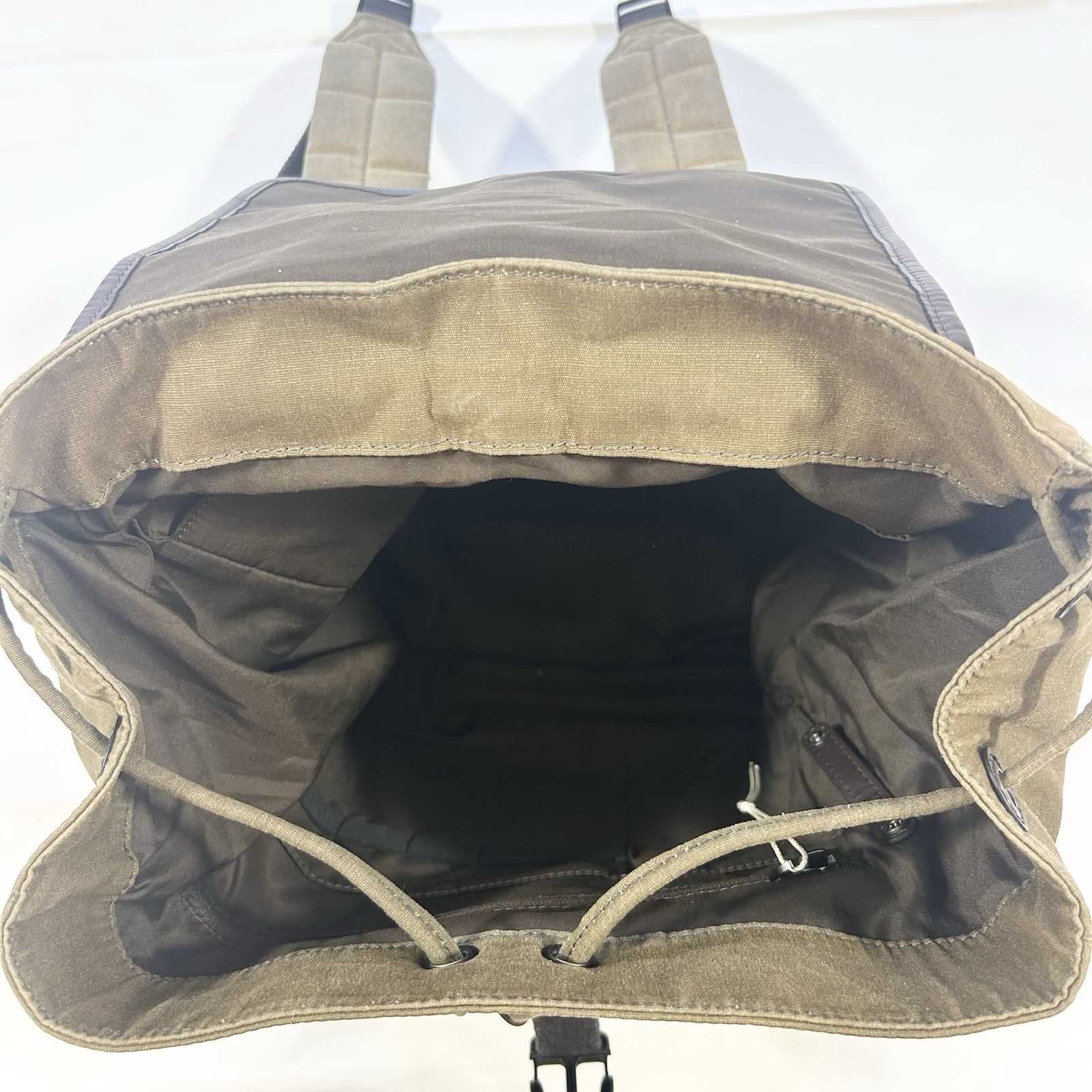 Fossil Buckner Canvas Olive/Khaki Brown Faux Leather Trim Rucksack Backpack Bag