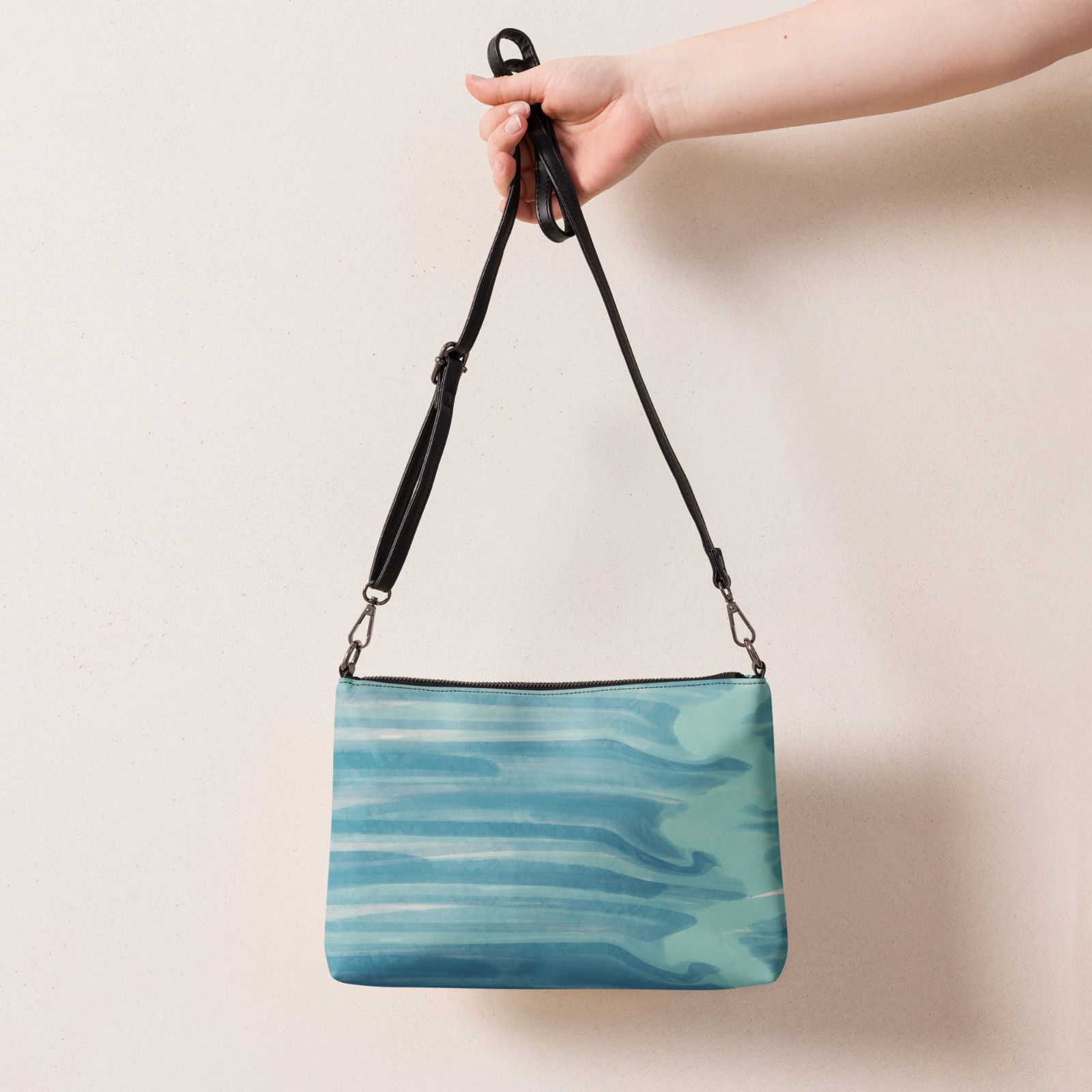 Womens Wristlet Purse Aqua Abstract Print Crossbody Shoulder Bag Detach Strap