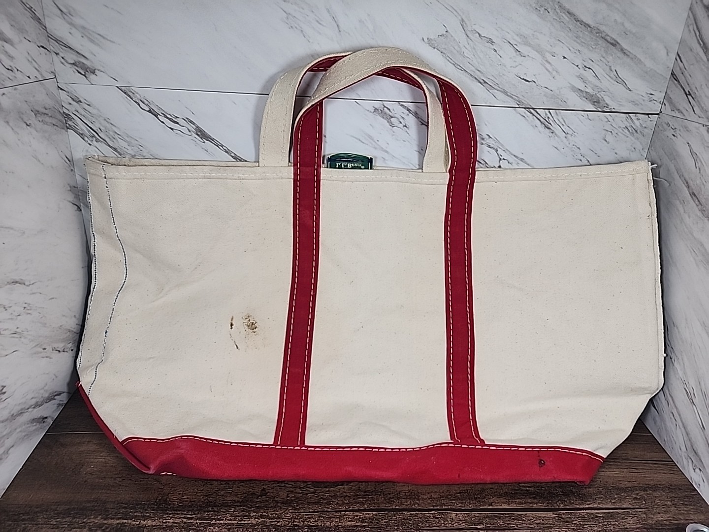 ☆Vintage☆ LL Bean Boat and Tote Bag Large Ivory Red Stiff Canvas Sawtooth Label