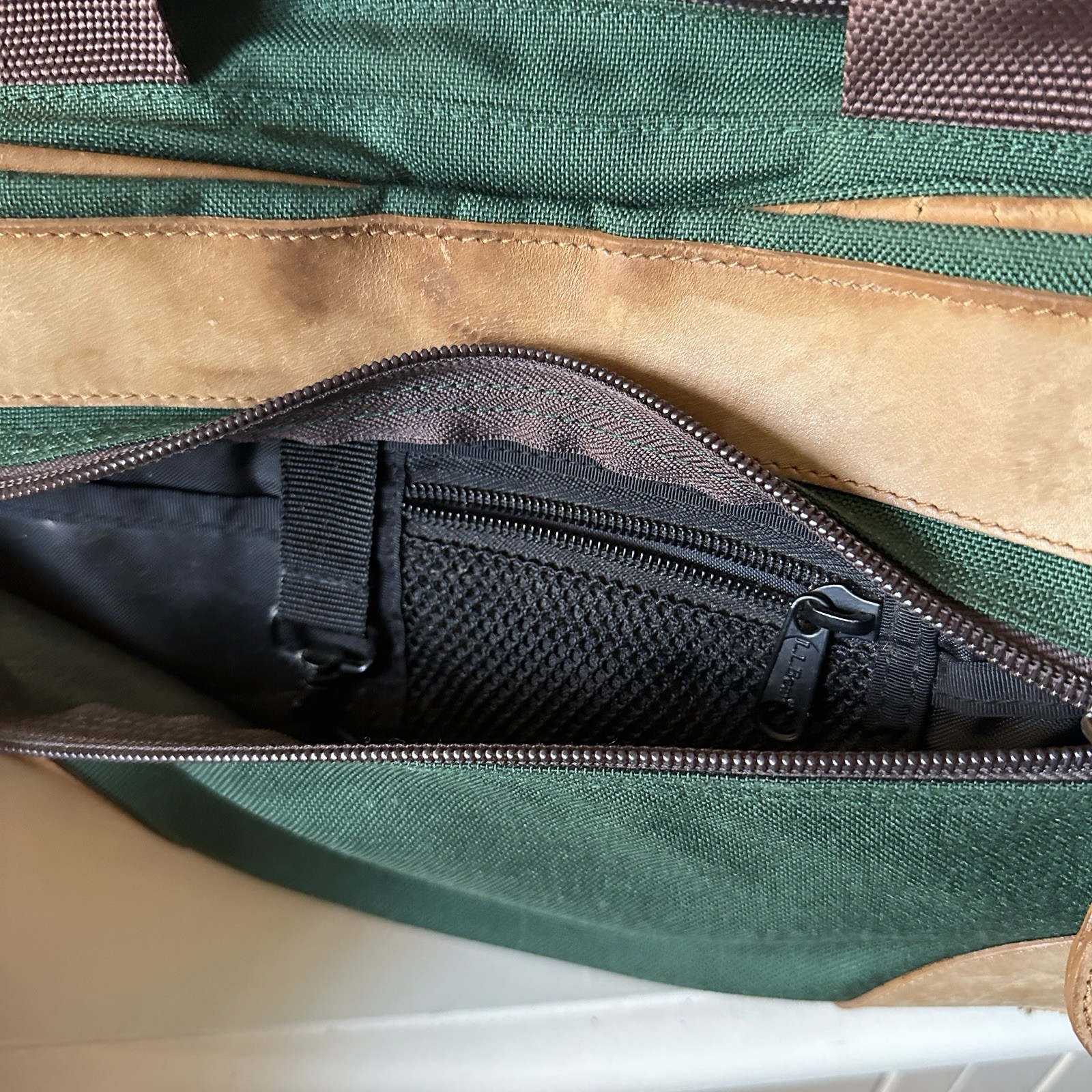 Vintage 90s L.L. Bean Canvas Carry On Bag Green Leather Trim Duffle *FLAW*