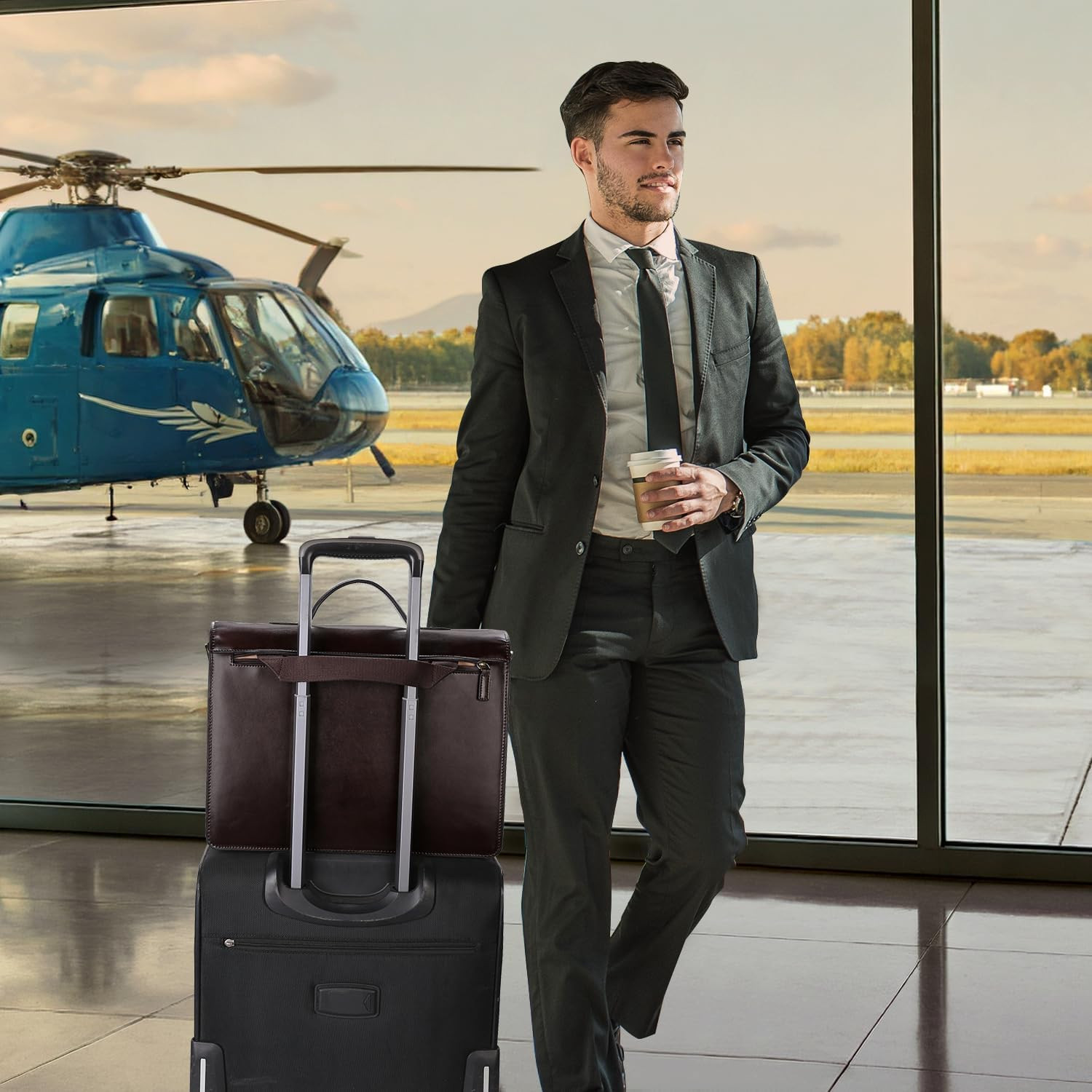 Men’s Vintage Leather Briefcase – 14″ Laptop Bag with Lock & Strap