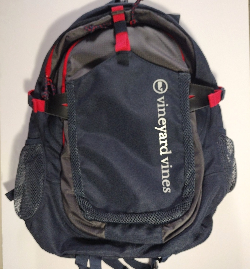 Vineyard Vines Tech Backpack Navy Blue & Red 18x12x7″ Cushioned Back Waist Strap