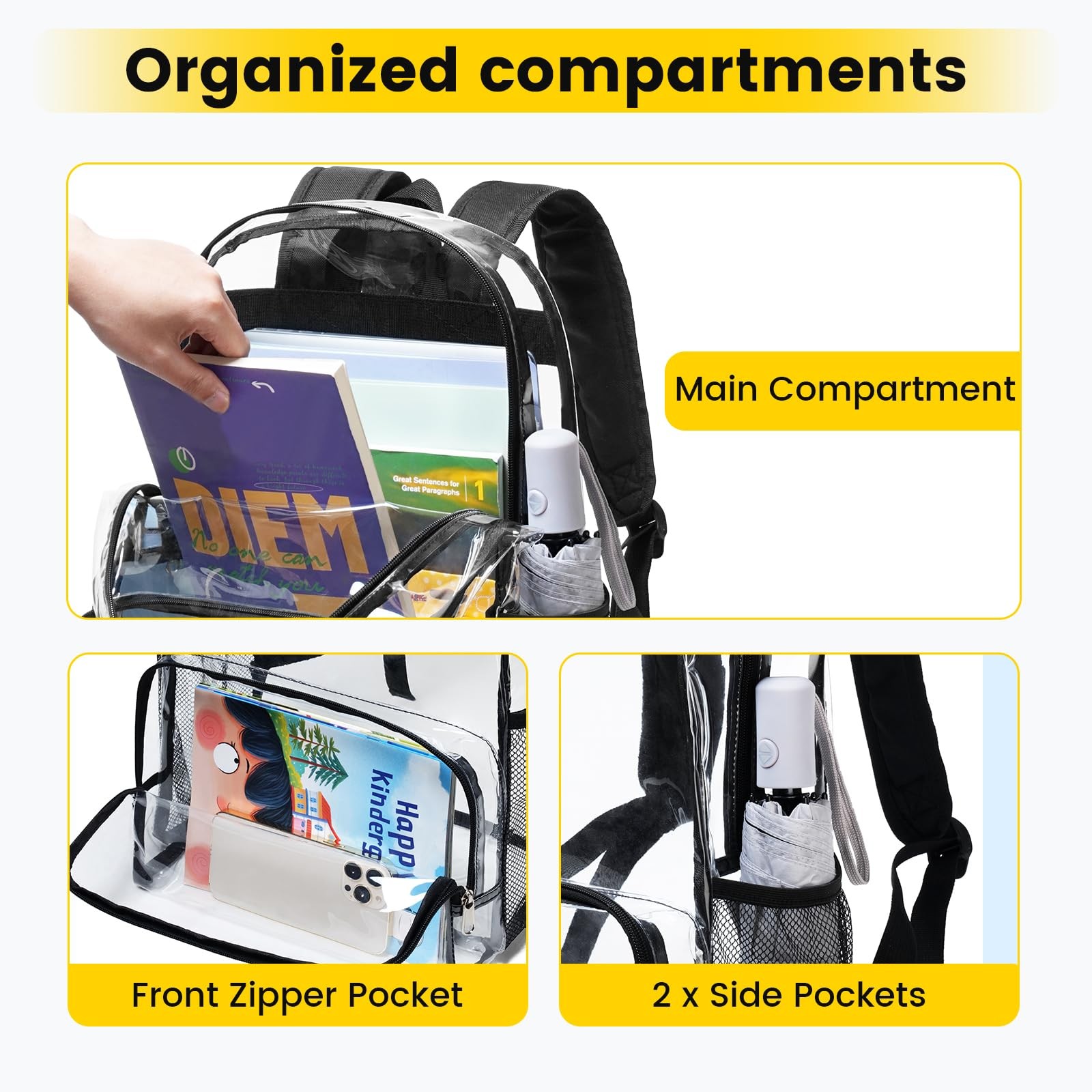 Large Black Clear Backpack Heavy Duty See Through Bookbag for School Work