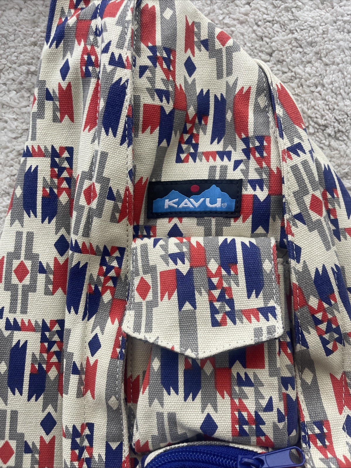 KAVU Sling Backpack Tribal Print Cotton Rope Strap Blue Red White