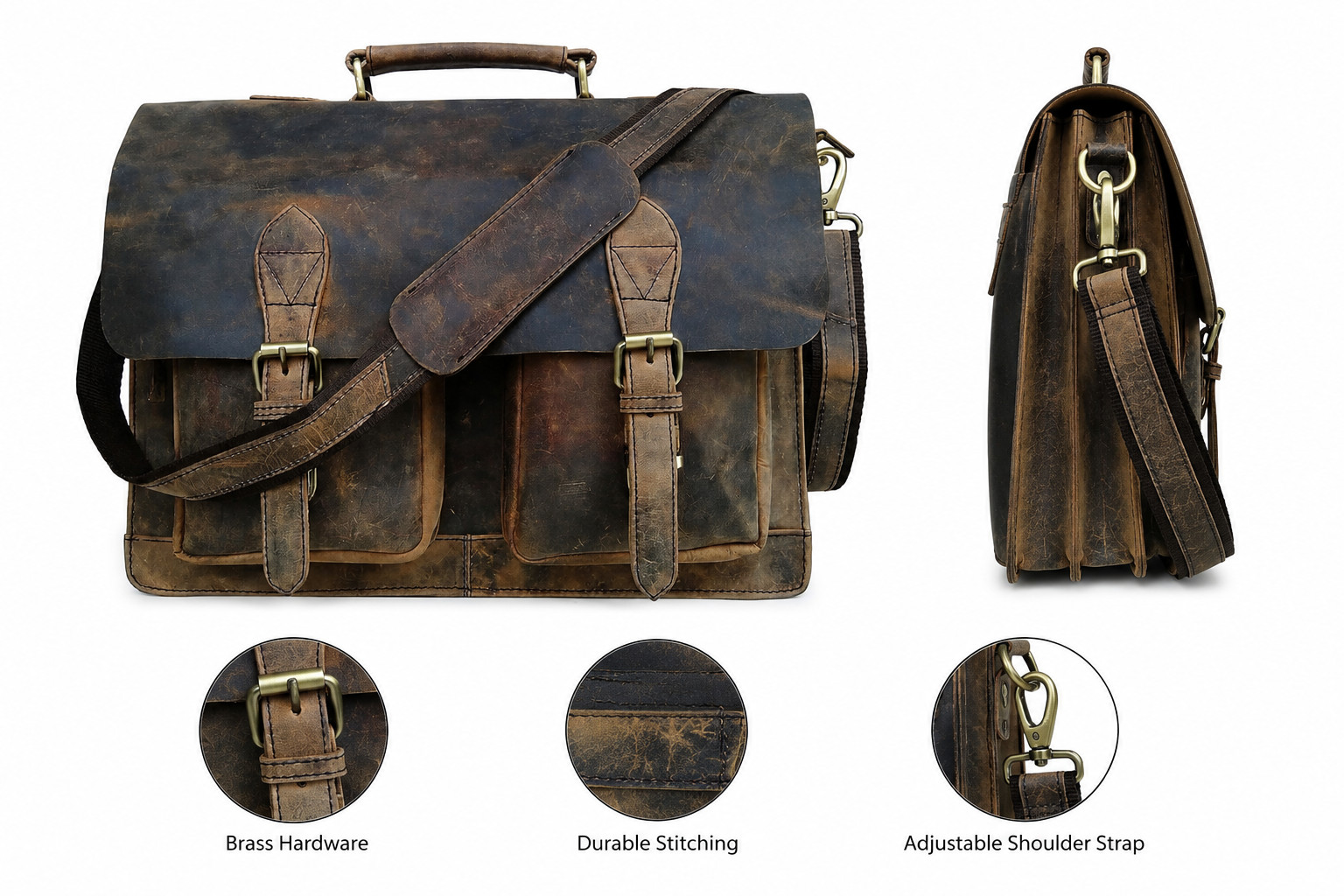 18” Full Grain Leather Laptop Briefcase for Men + FREE Eagle Wallet Vintage Bag