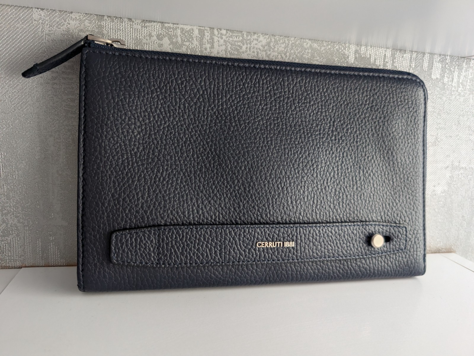 CERRUTI 1881 Navy Blue Leather Long Wallet Zippy Organizer Clutch Mens Bag Purse