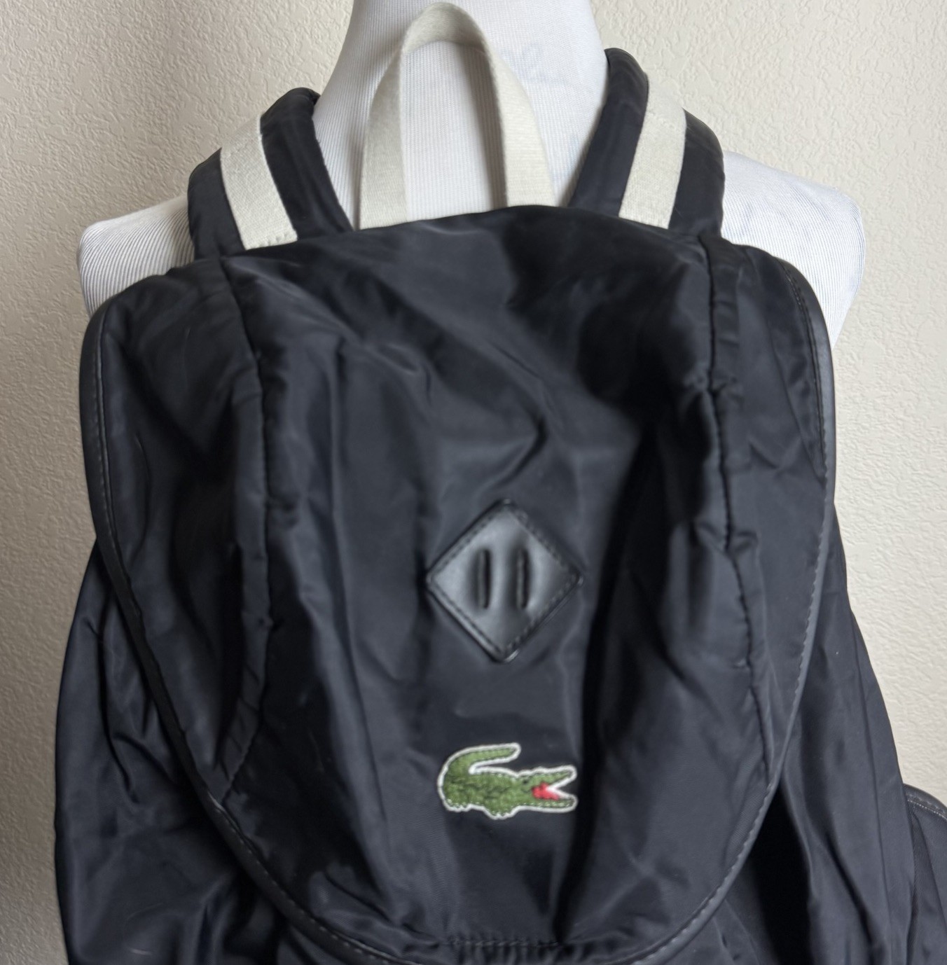 Lacoste Backpack Large Black Nylon Drawstring Rucksack Vintage READ