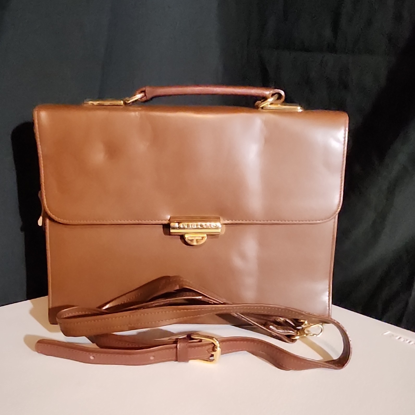 Pereftto Brown Men’s Briefcase/Document Case Push Lock, Strap, Pockets