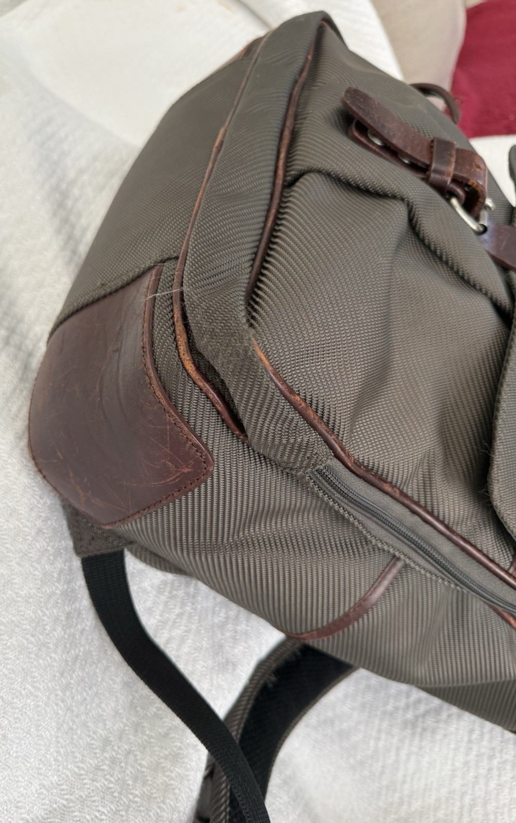 Filson Utilitarian Backpack Olive Green Brown Leather Trim Laptop Travel Bag