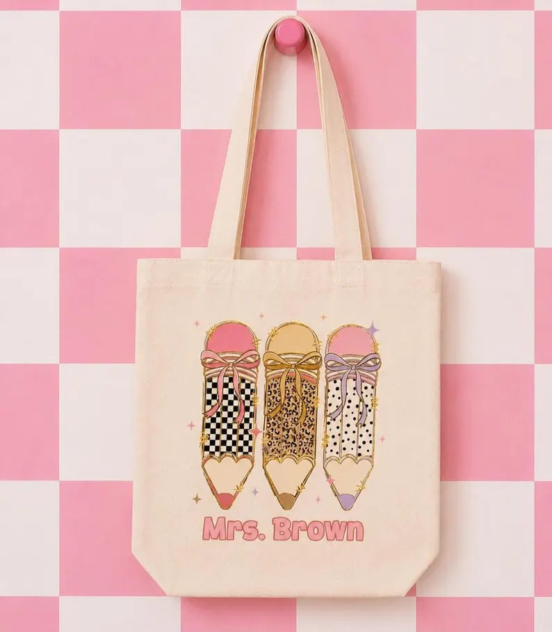 Personalized Teacher Canvas Tote Bags Pencil Bow School Gift