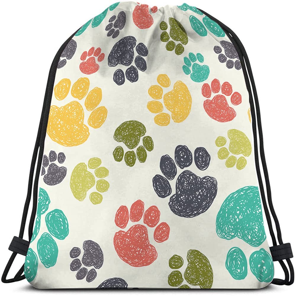 Paw Pattern Drawstring Bags Backpack Bag Cute Colorful Hand Drawn Doodle Prin…