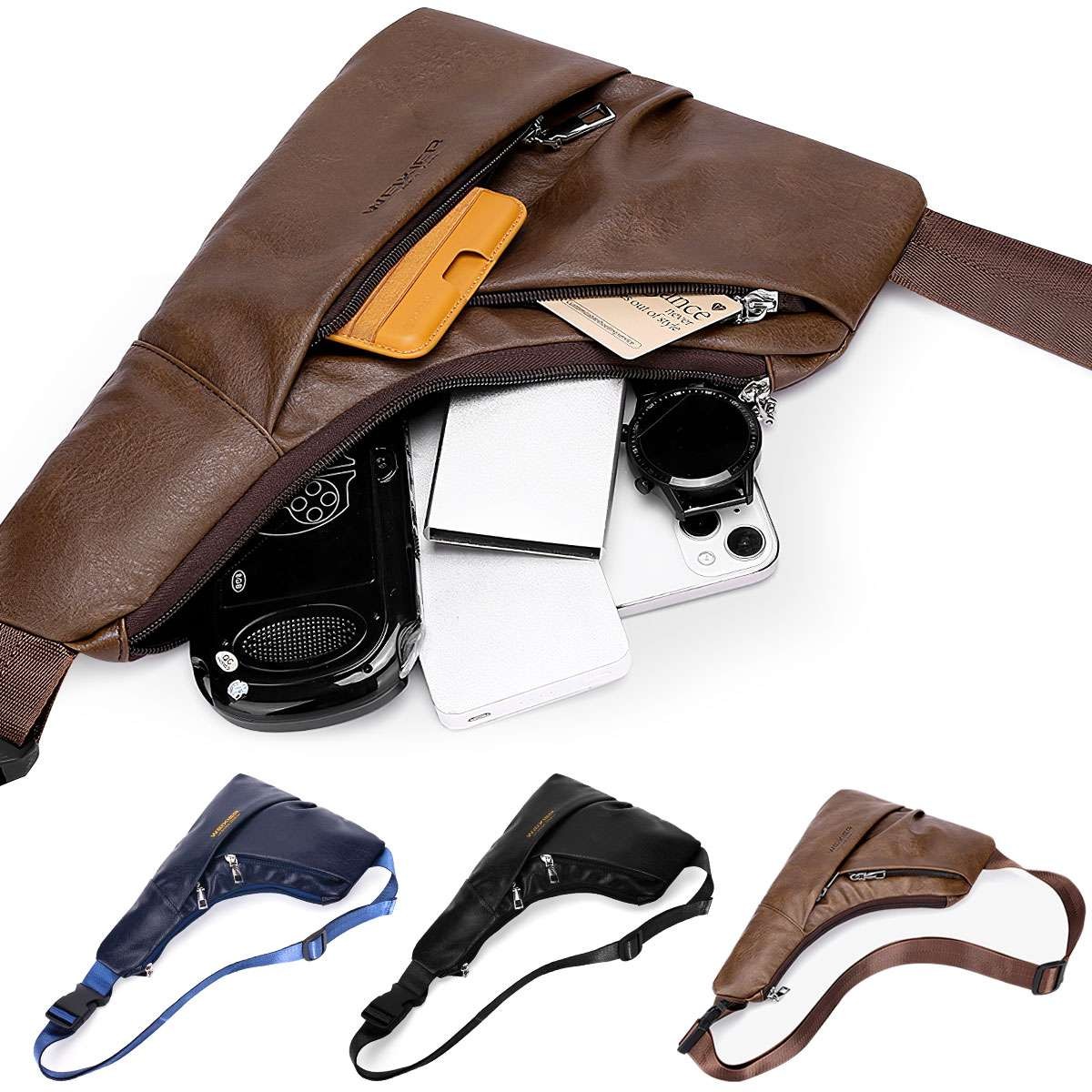Fashion PU Leather Sling Chest Bag for Men, Waterproof Crossbody Shoulder Bag