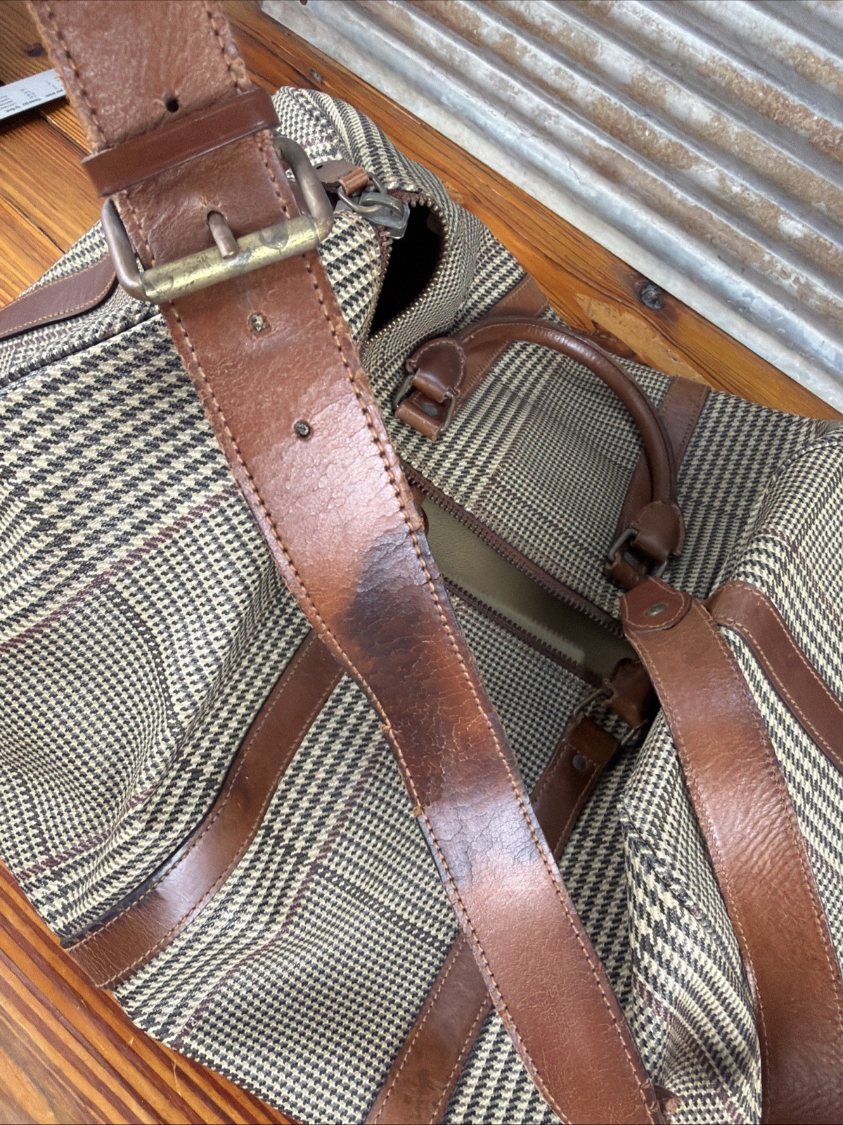 Polo Ralph Lauren Houndstooth Duffel Weekender Travel Bag Vintage Leather/Canvas