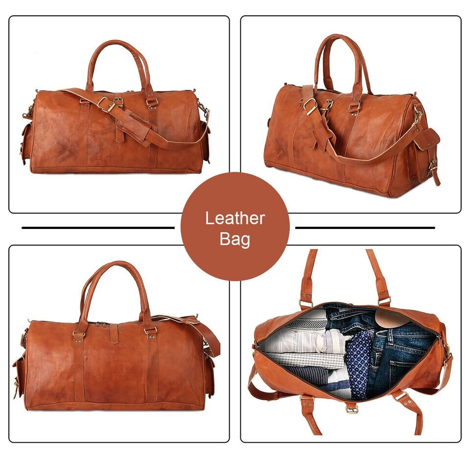 Men’s Spacious genuine goat leather duffel travel gym weekend overnight bag