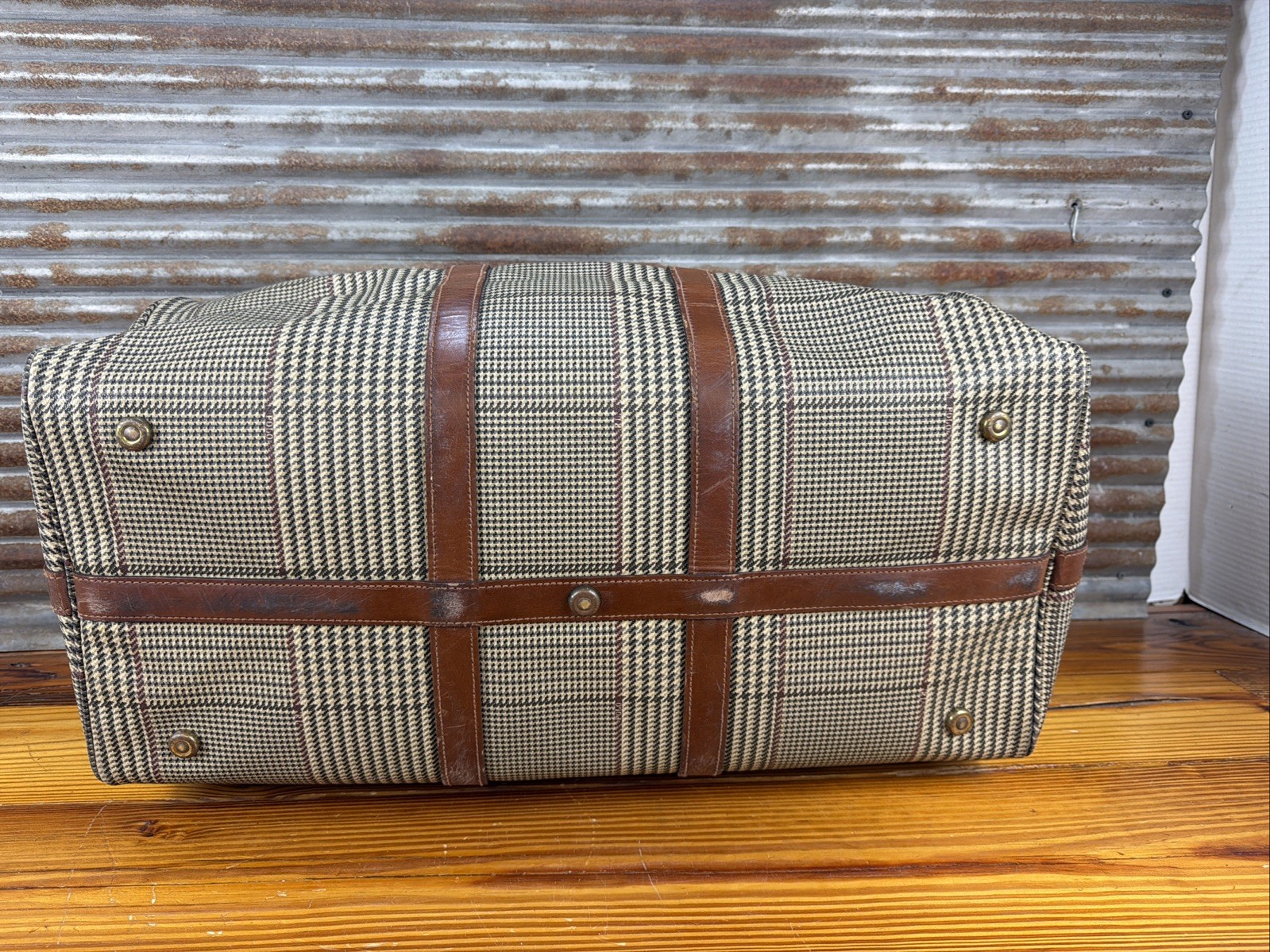 Polo Ralph Lauren Houndstooth Duffel Weekender Travel Bag Vintage Leather/Canvas
