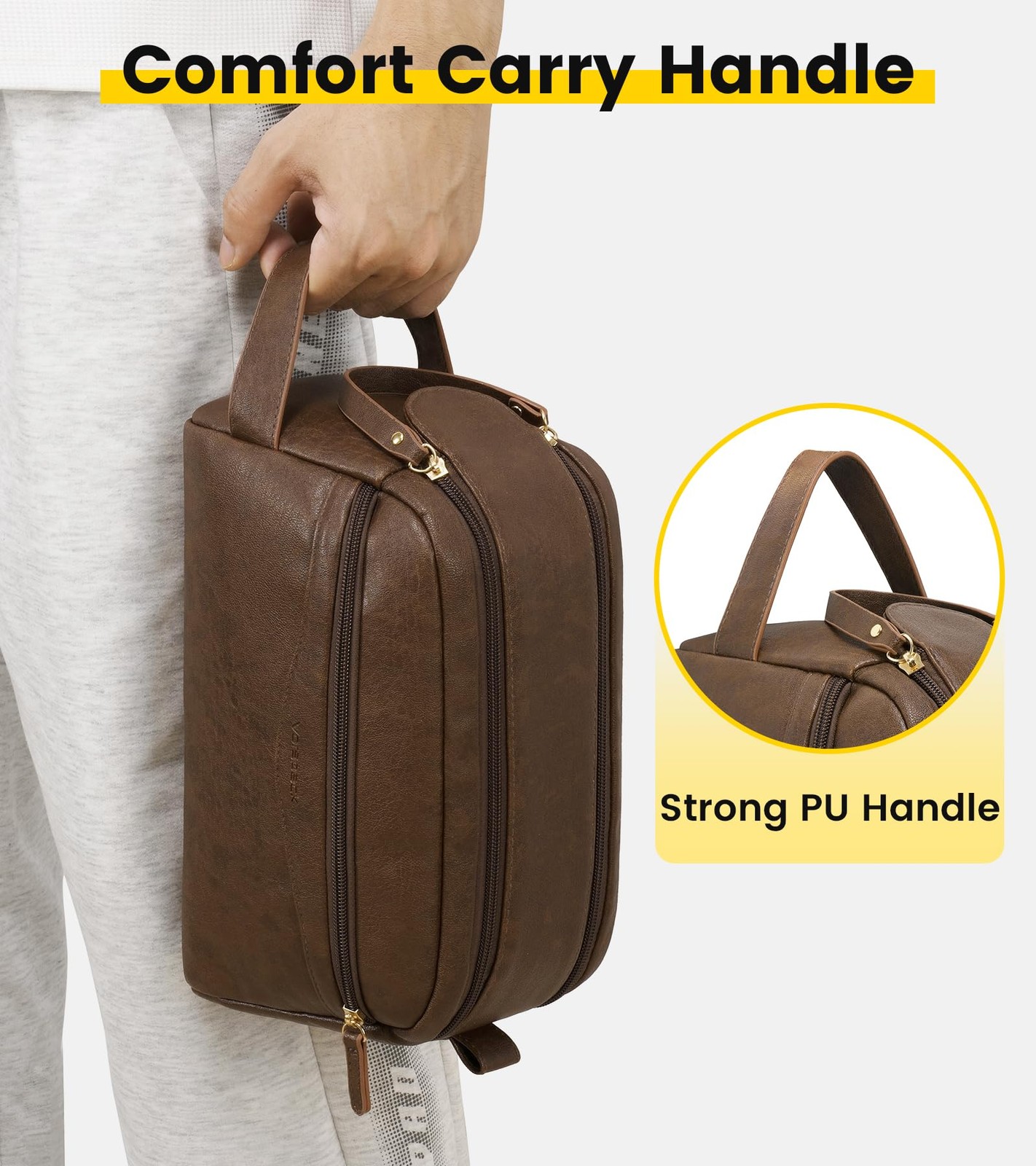 Vorspack PU Leather Toiletry Bag for Men, Water-Resistant Medium, Dark Brown