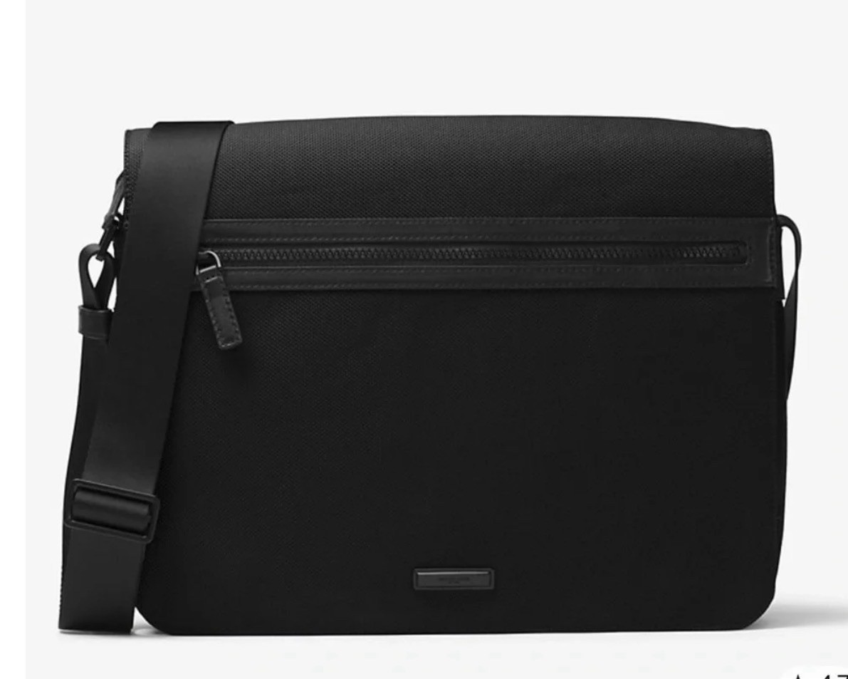 MICHAEL KORS Men’s Large Travis Messenger Bag crafted Leather Trim Black Nylon