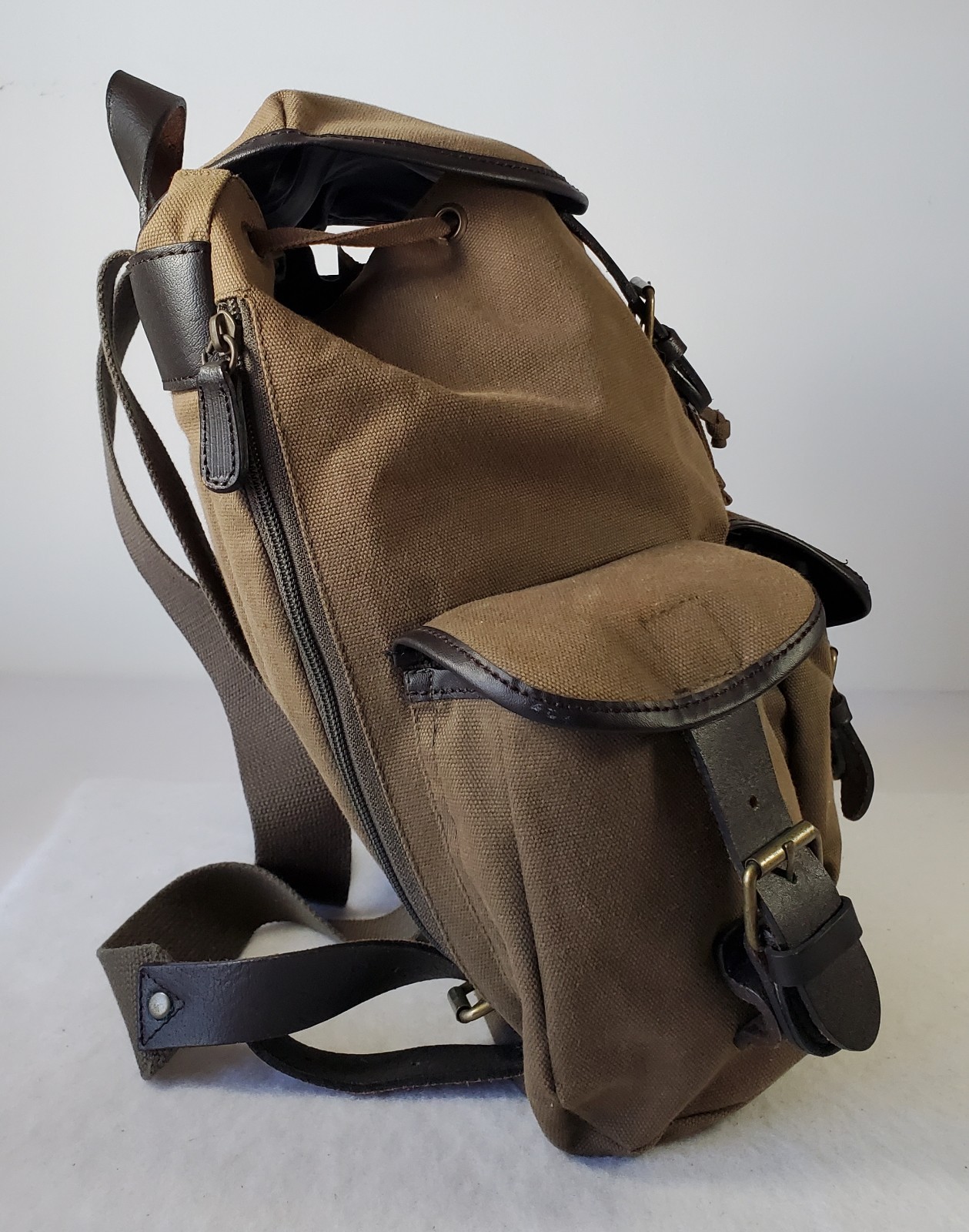 GAP Canvas Military Backpack Leather Straps Snap Pockets Drawstring/ Zipper READ