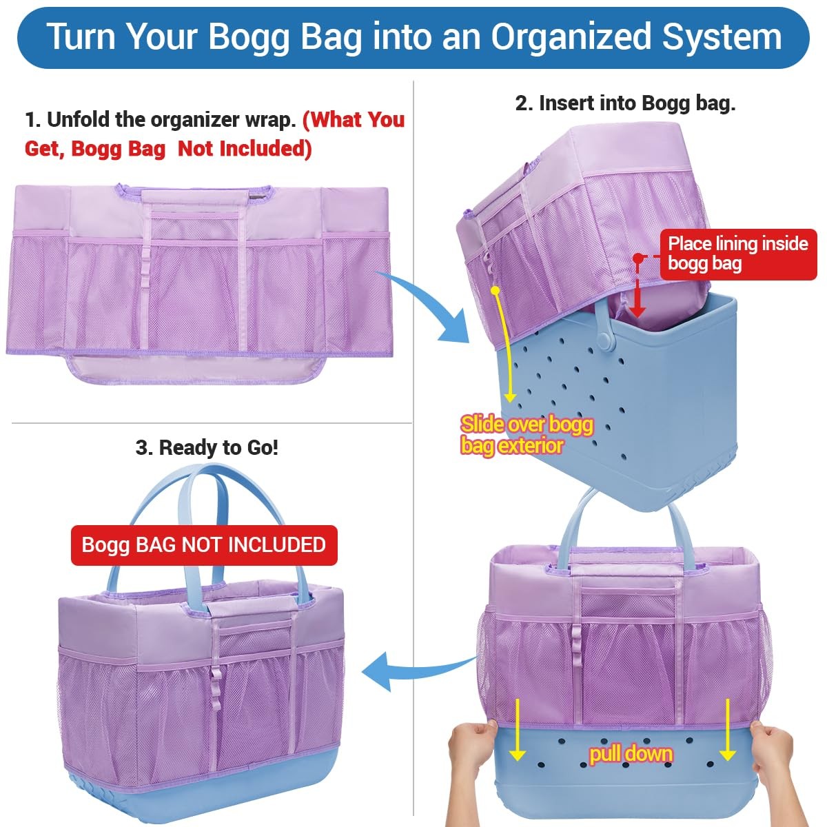 Beach Bag Organizer Insert for Extra Large Bogg Original – Large, Purple