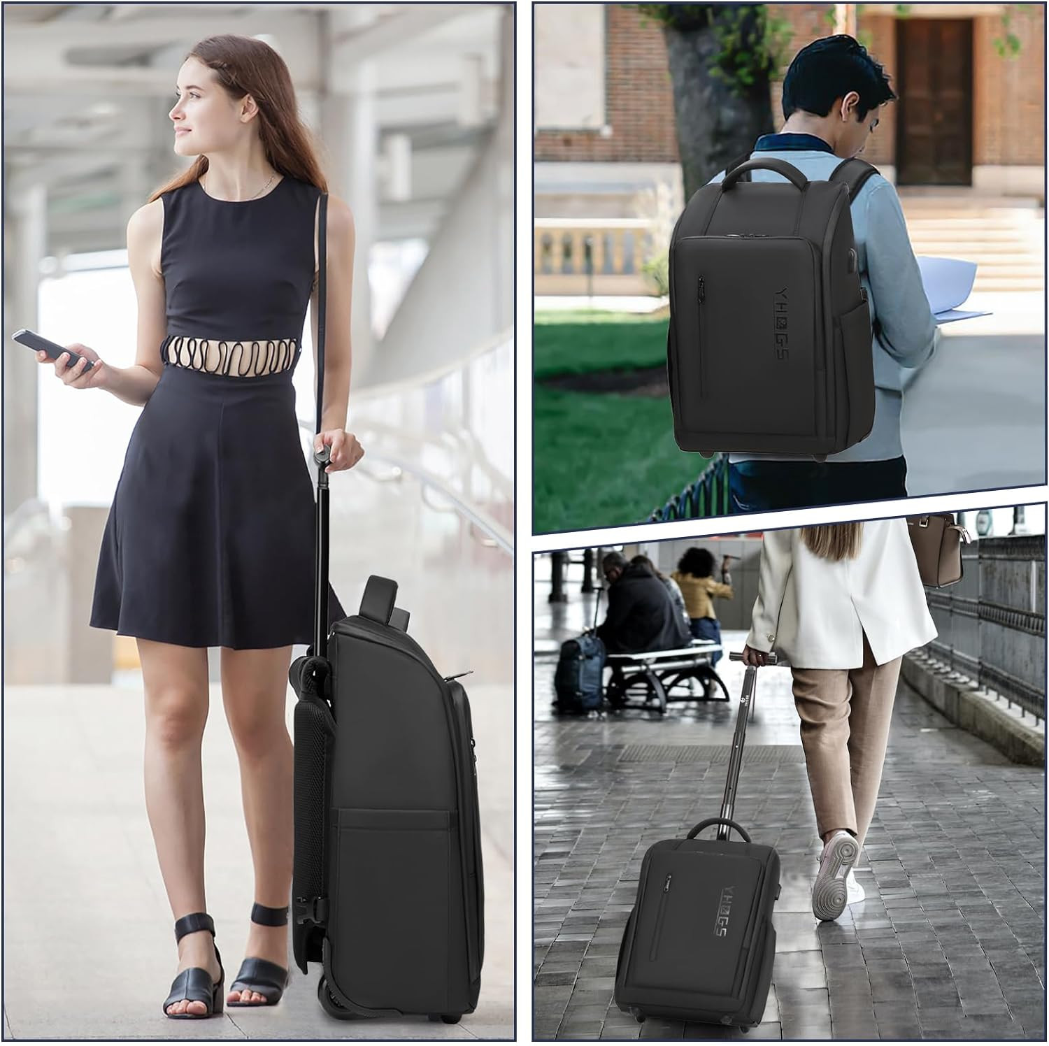 Rolling Backpack With Wheels 15.6 Inch Laptop Travel Bag USB Port Carry On