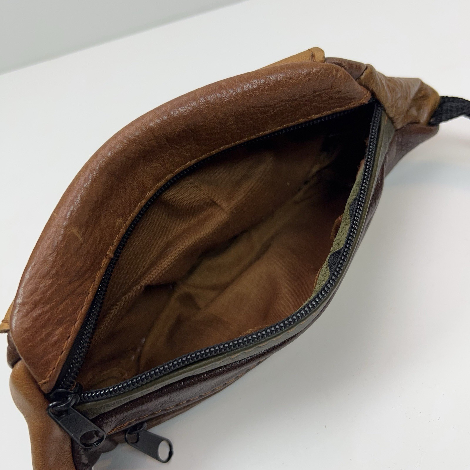Vtg LEATHER Fanny Pack 90s Suede Patchwork Brown Waist Bag Straps Multi Pockets