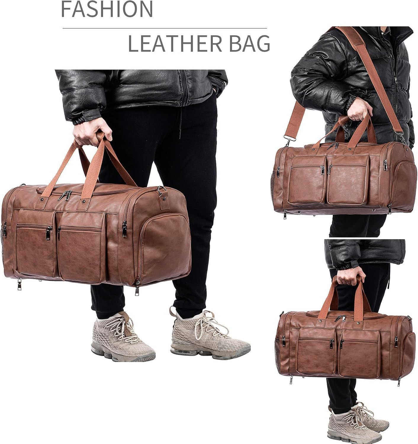 Waterproof Leather Weekender Duffle Bag with Shoe Pouch for Travel – Brown