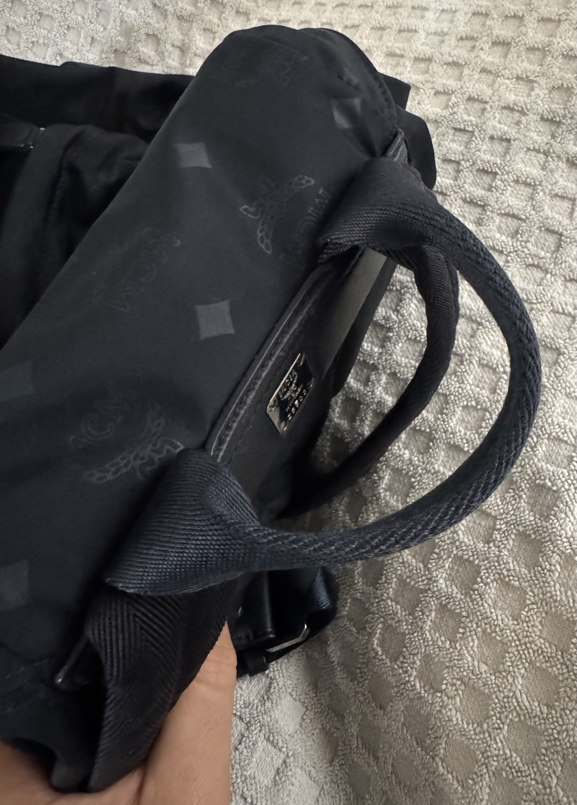 MCM Dieter Two Pocket Monogram Visetos Nylon Leather Flap Backpack Navy Blue Bag