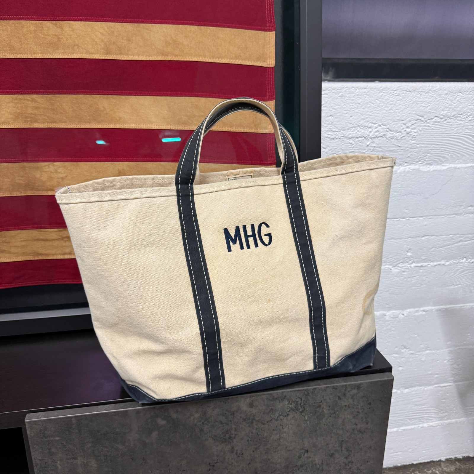 Vintage 80s LL Bean Made in USA Boat and Tote Bag 22×14 Navy Crinkle Tag Canvas