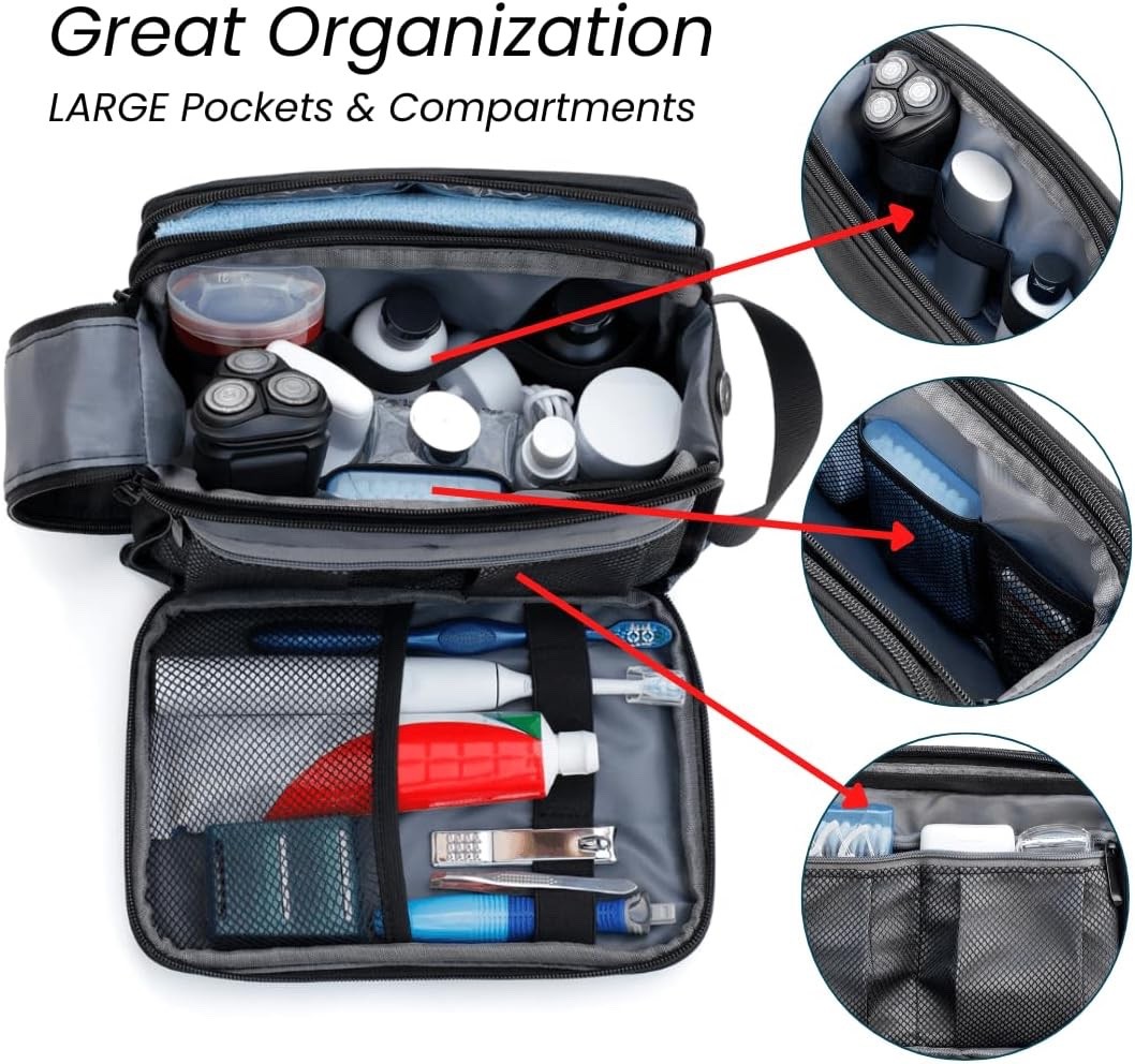 Large Men’s Toiletry Bag Black Travel Shaving Dopp Kit Water-Resistant