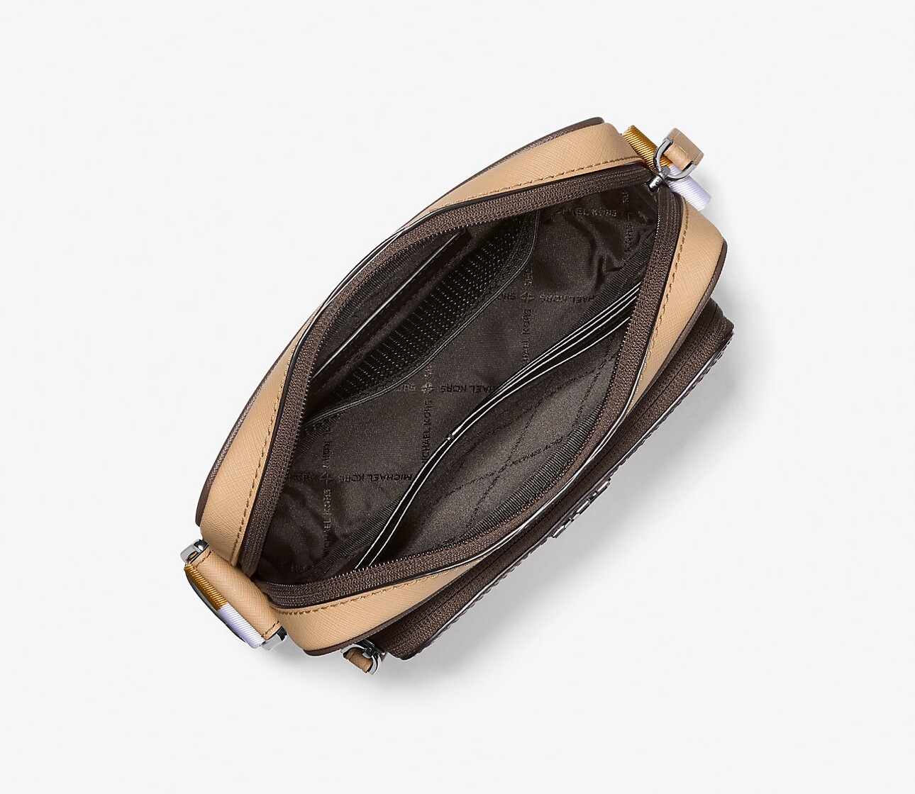 MICHAEL KORS RIVINGTON STRIPED CROSSBODY CAMERA BAG WITH POUCH GOLDEN ROD