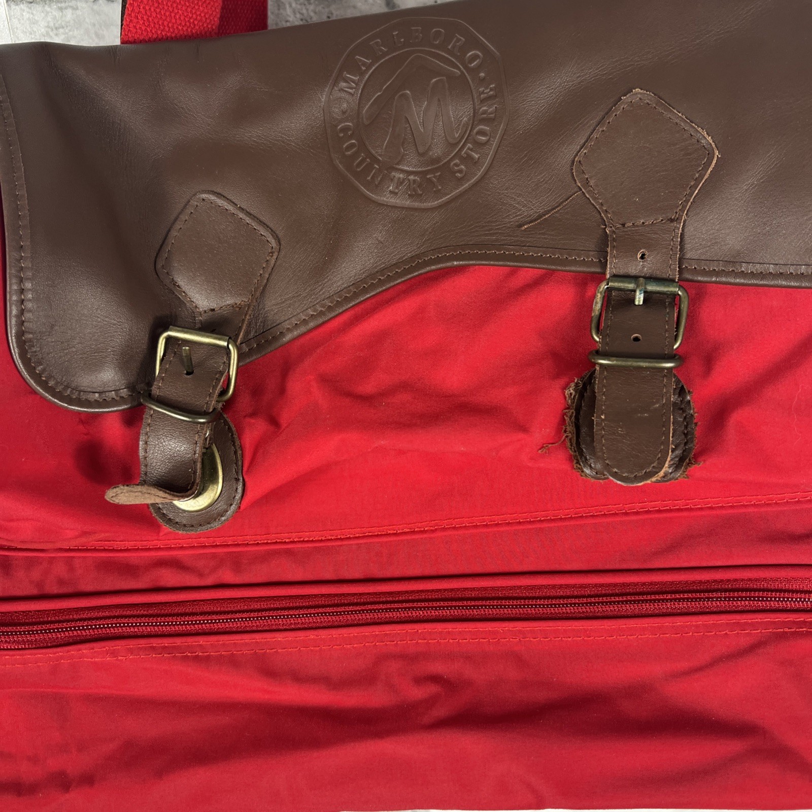 Marlboro Country Store Red Brown Canvas Leather Shoulder Travel Duffle Bag