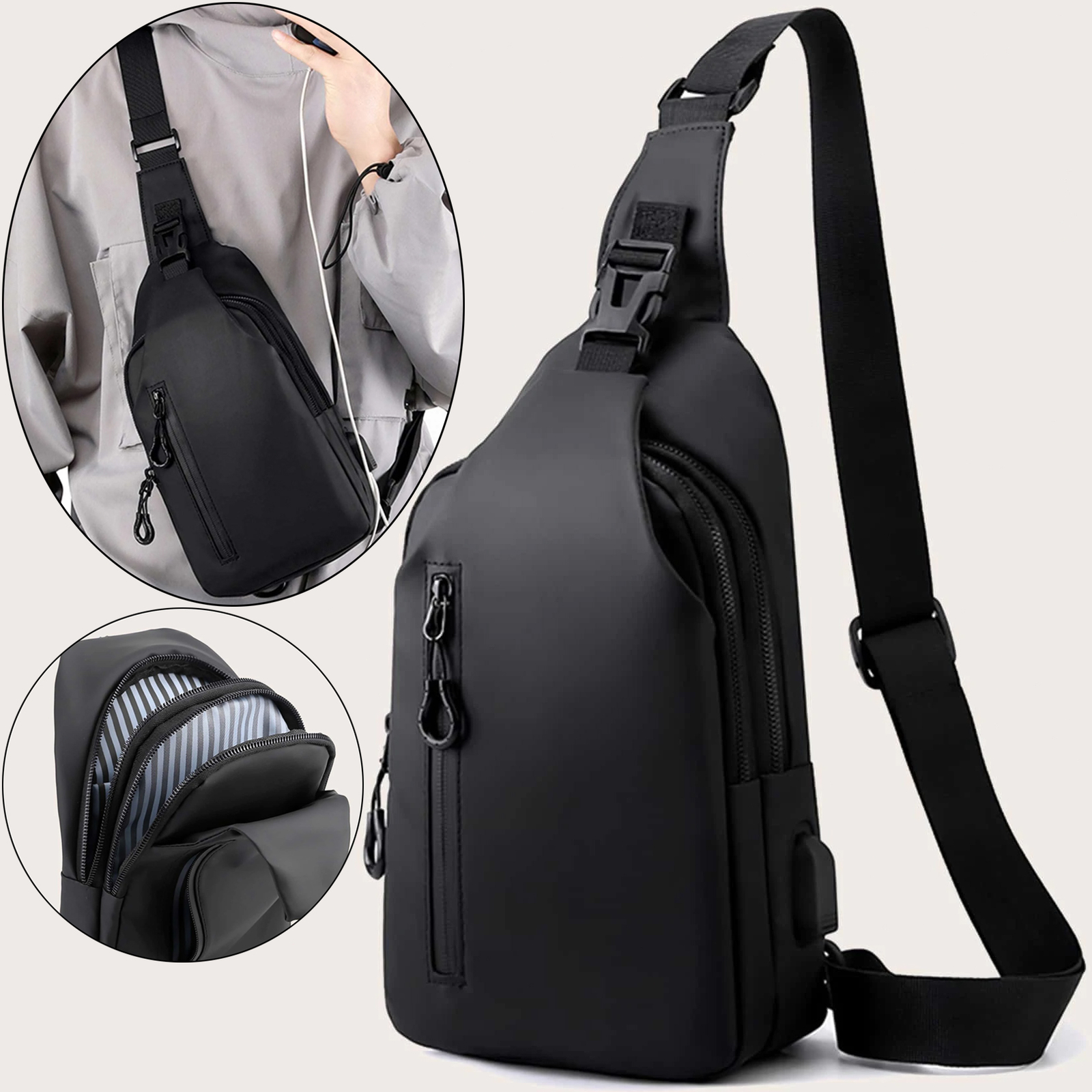 Men’s Sling Backpack Waterproof Anti-theft Shoulder Crossbody Bag Chest USB Port