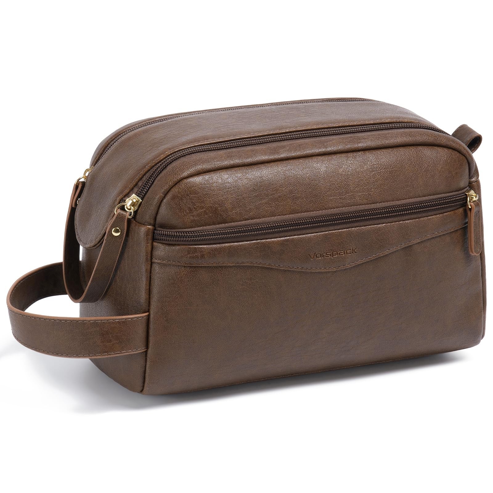 Vorspack PU Leather Toiletry Bag for Men, Water-Resistant Medium, Dark Brown