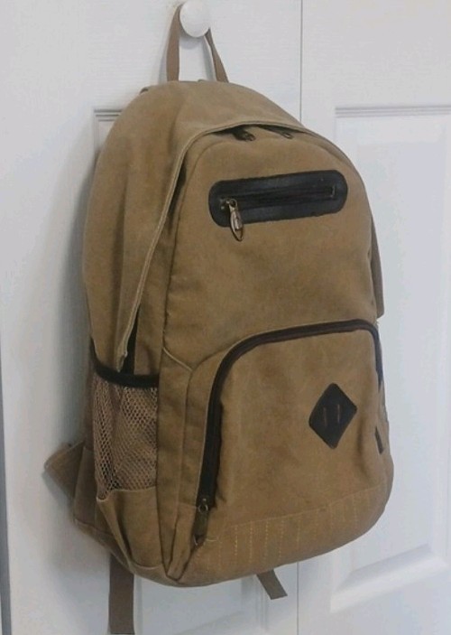 Generic Khaki Canvas Backpack Tan & Brown Adjustable Padded Straps Pockets