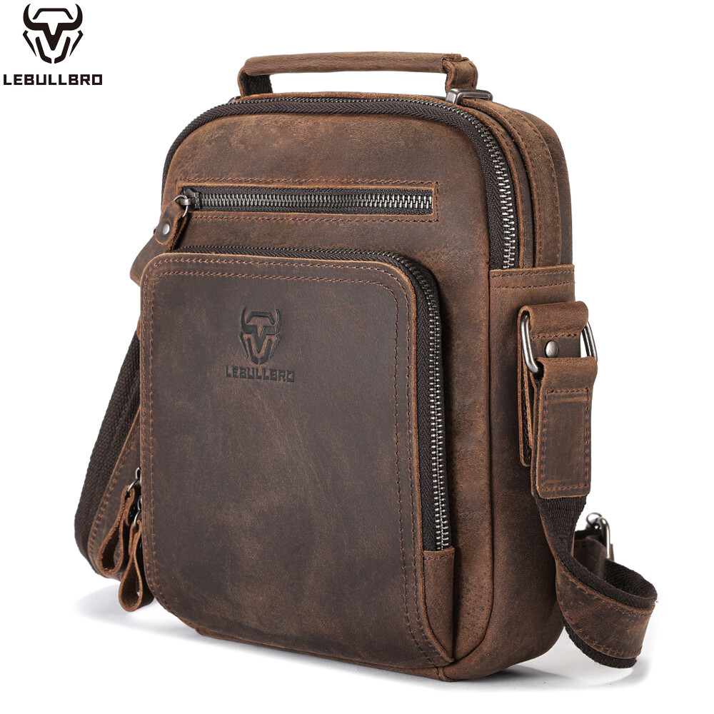 Men’s Genuine Crazy Horse Leather Crossbody Bag Casual Multi-Pocket Shoulder Bag