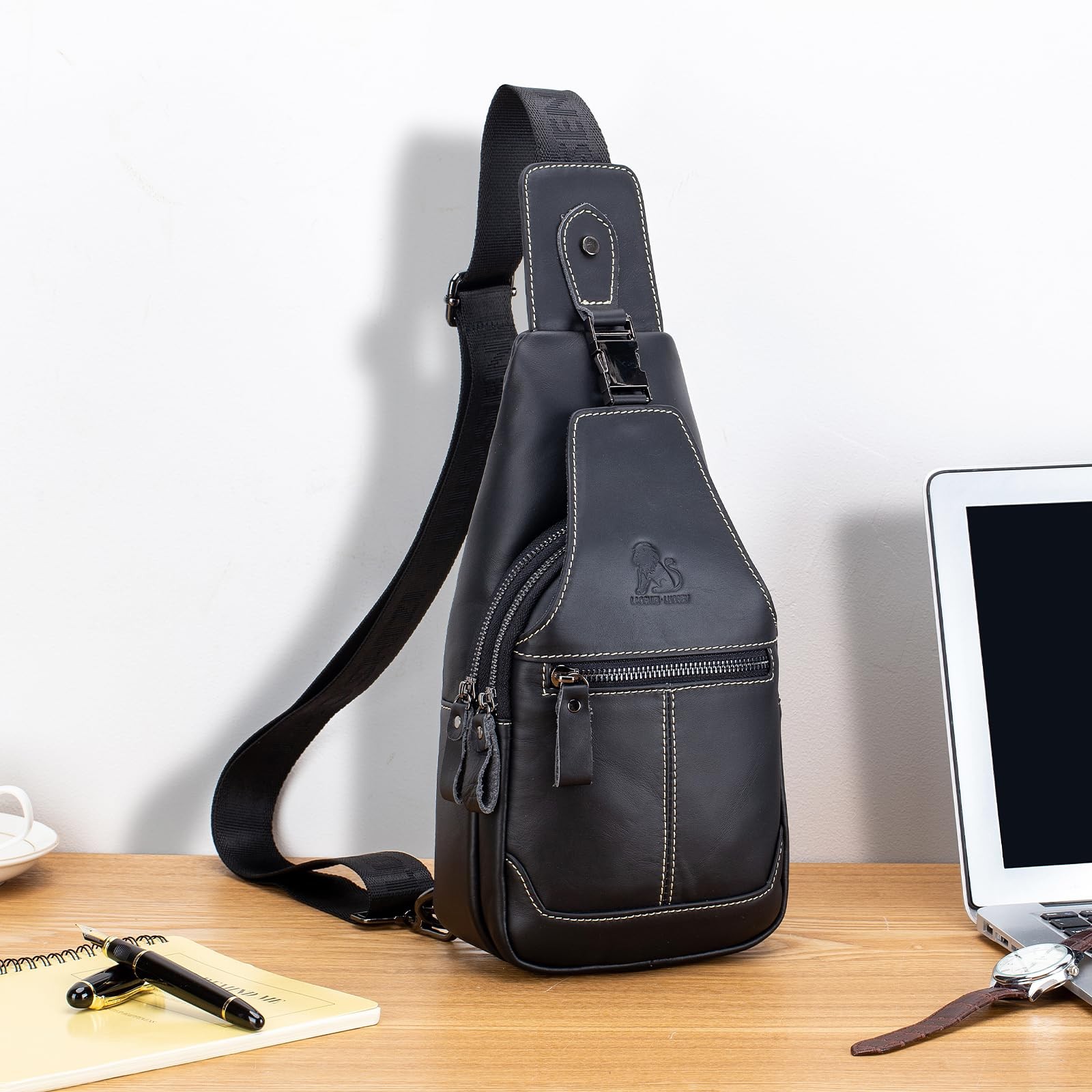 Leather Sling Bag for Men Chest Shoulder Bag Crossbody Backpack Black 1 PCS