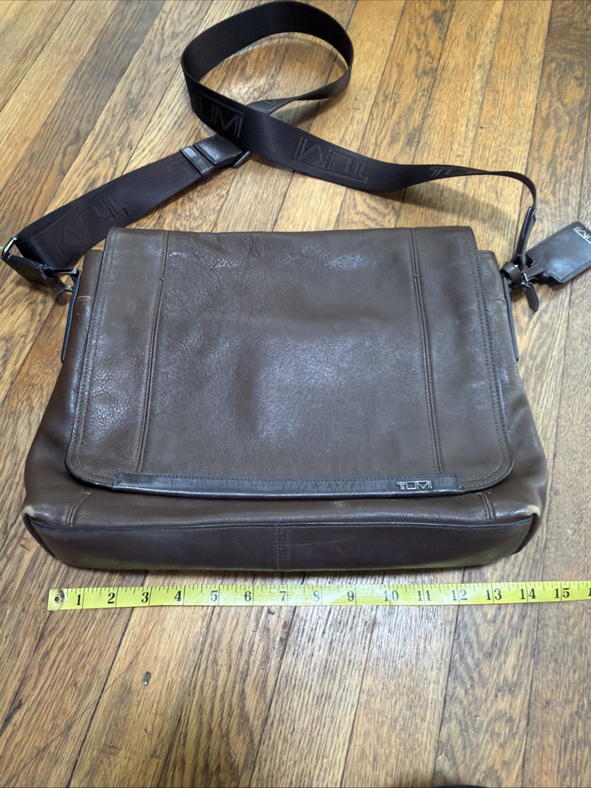 Tumi Dark Brown Leather Laptop Messenger Bag With Web Strap