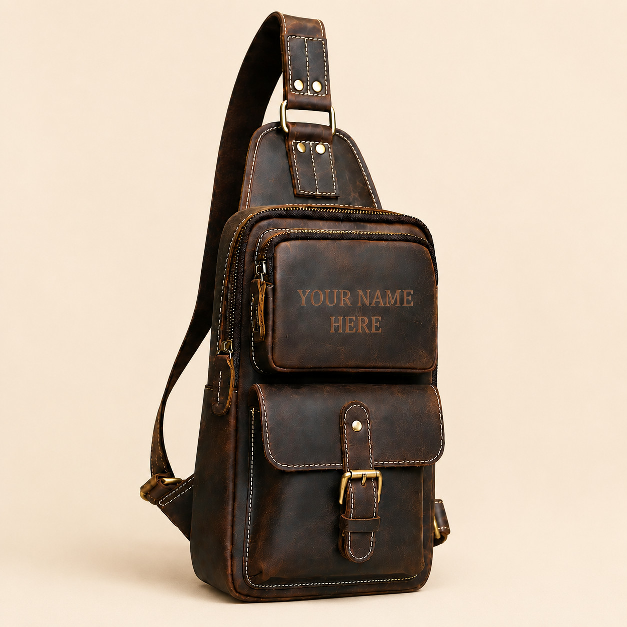 Personalized Mens Leather Sling Backpack Vintage Brown Crossbody Chest Bag