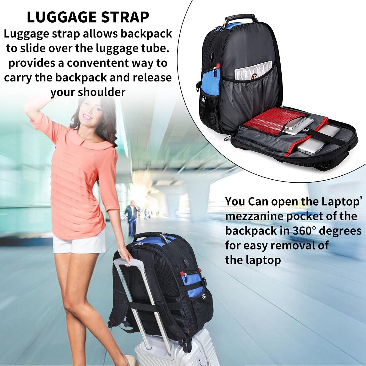 Extra Large 50L Travel Laptop Backpack, Airline Approved, Fits 17″ Laptops, Blue