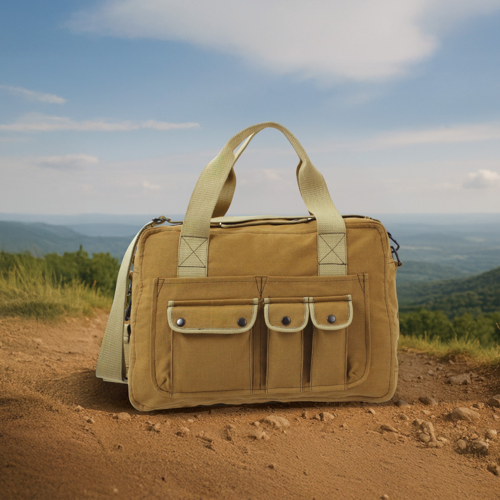 Mocha Canvas Army Tool Bag Two Tone Style Large Carry Bag with Shoulder Strap
