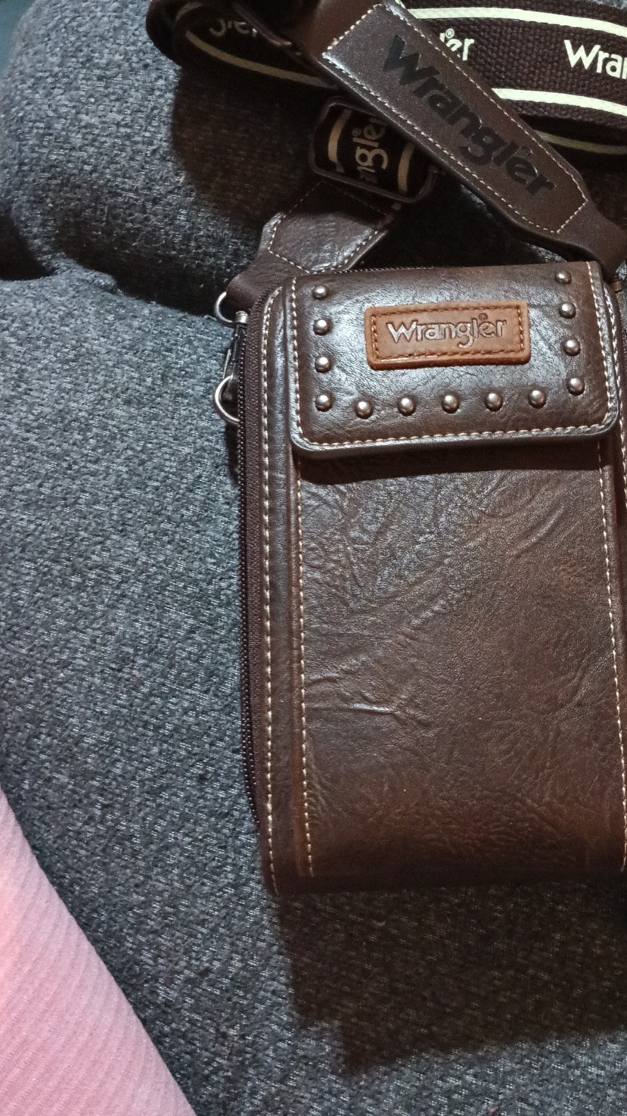 Wrangler Brown Shoulder Bag for Men Zip Closure Studded Flap Adjustable Strap
