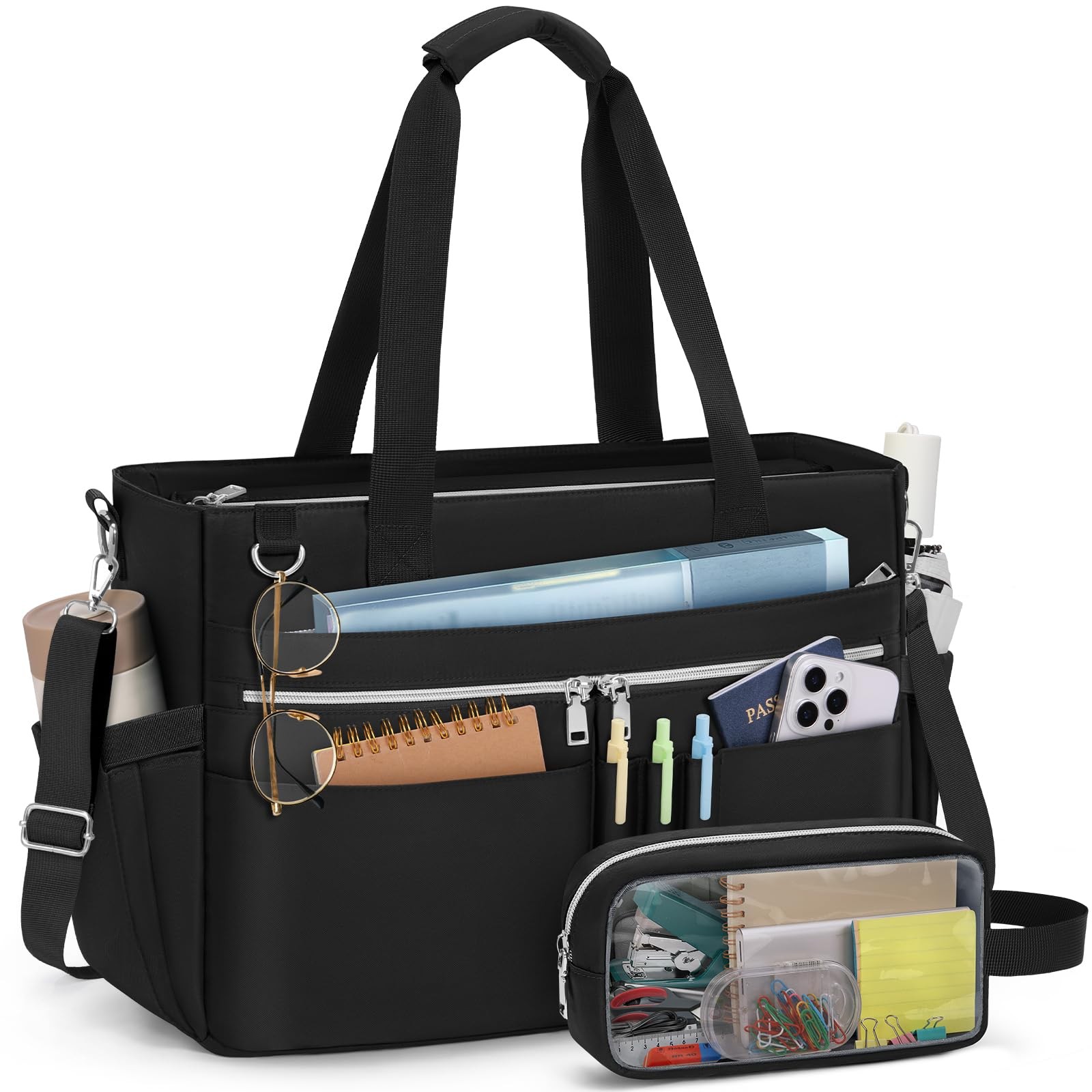 Black 15.6-inch Teacher Tote Bag for Women with Clutch Professional Work