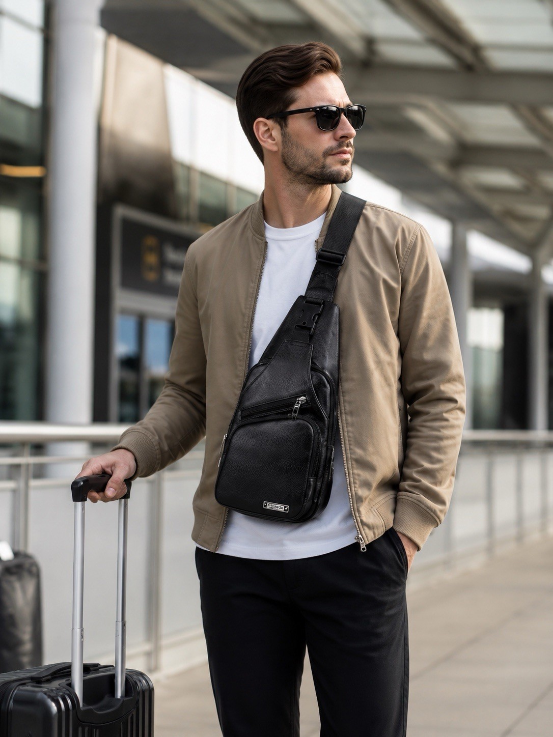 Black Chest Crossbody Bag Sling Backpack for Men with USB Charge Port Hole