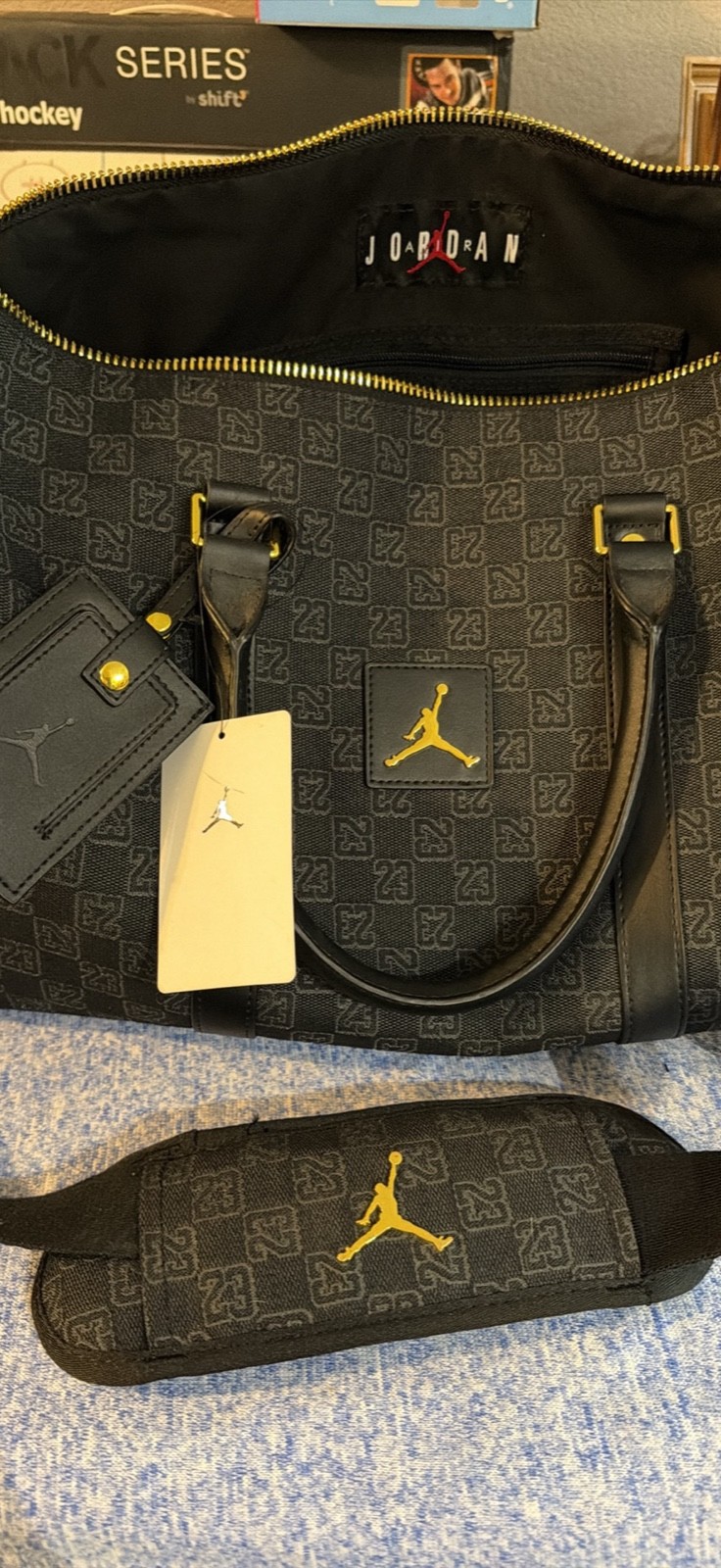 Nike Jordan Monogram Duffle Bag Black Gold MA0759-023 NWT Travel Gym Bag
