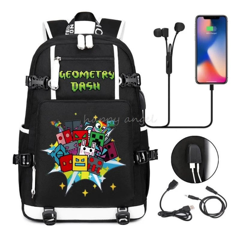 Geometry* Dash Printing Backpack Usb Charge School Bag Student Bookbag Backpacks