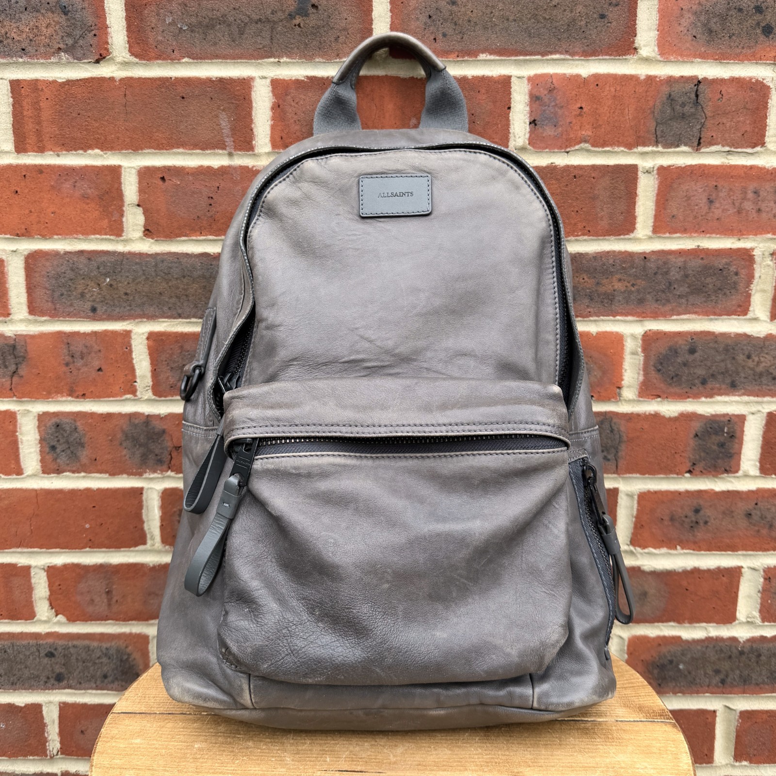 AllSaints ARENA Leather Backpack Bag Grey Brown Mens Ladies Unisex Rucksack