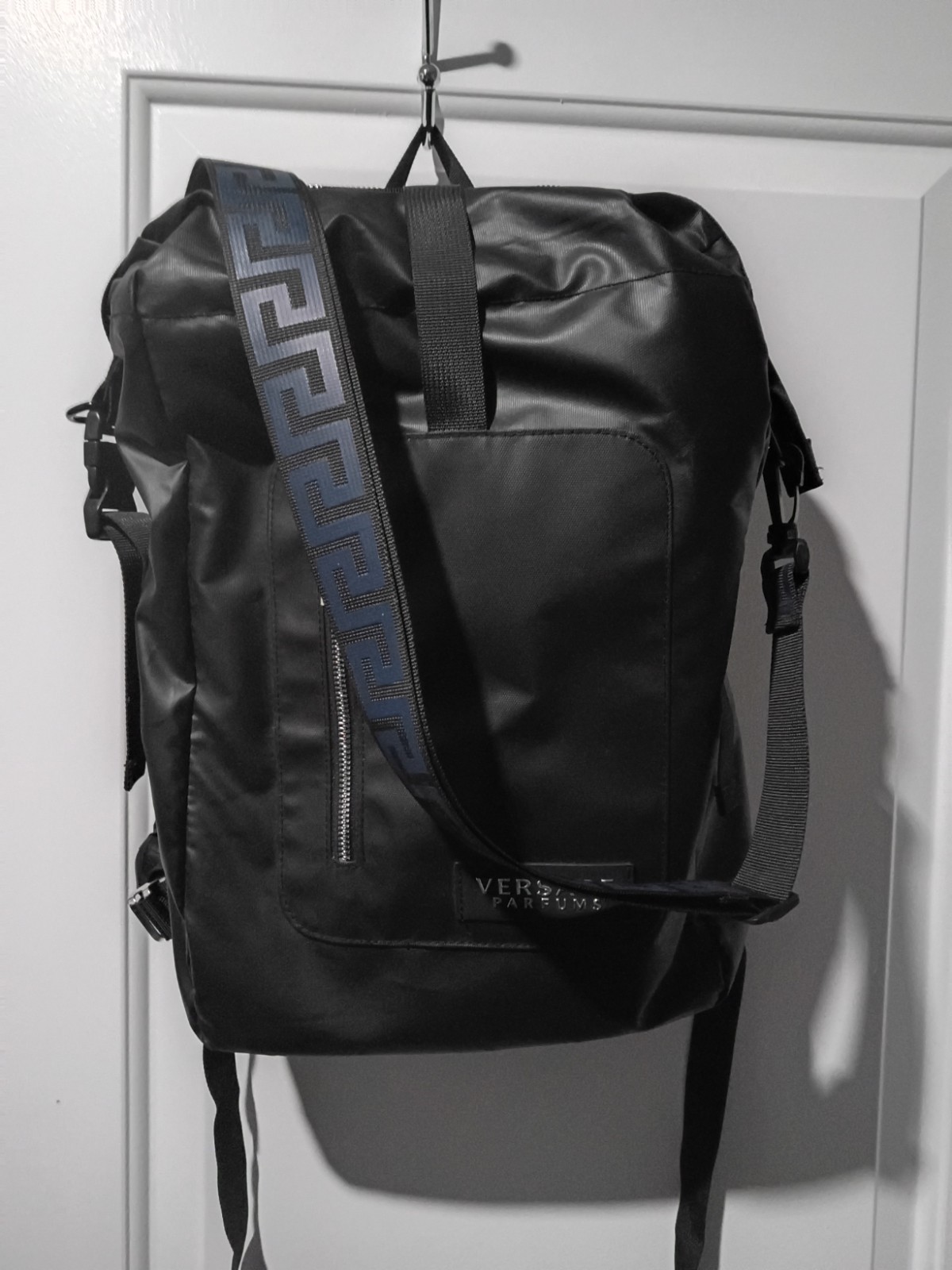 Versace Parfums Men’s Black/Blue Greek Key Zip Backpack, Adjustable Strap