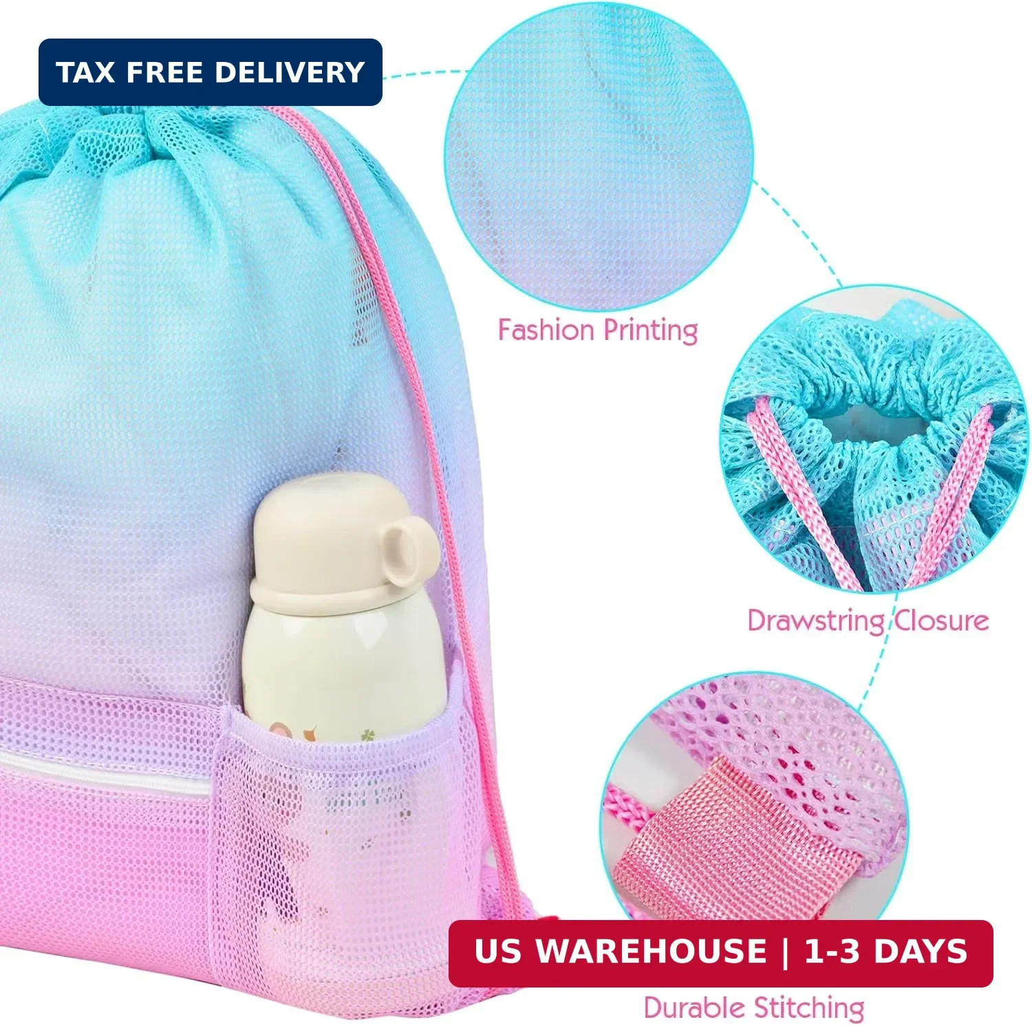Mesh Drawstring Bag with Zipper Pocket, Beach Bag for Swimming Gear Backpack Gym